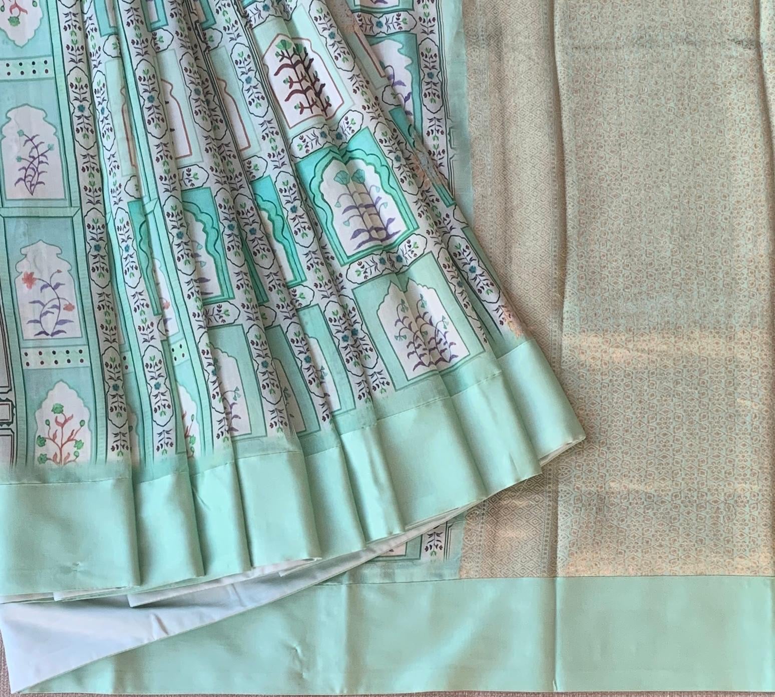 Mint Green Soft Silk Saree with patola style print and mashru borders