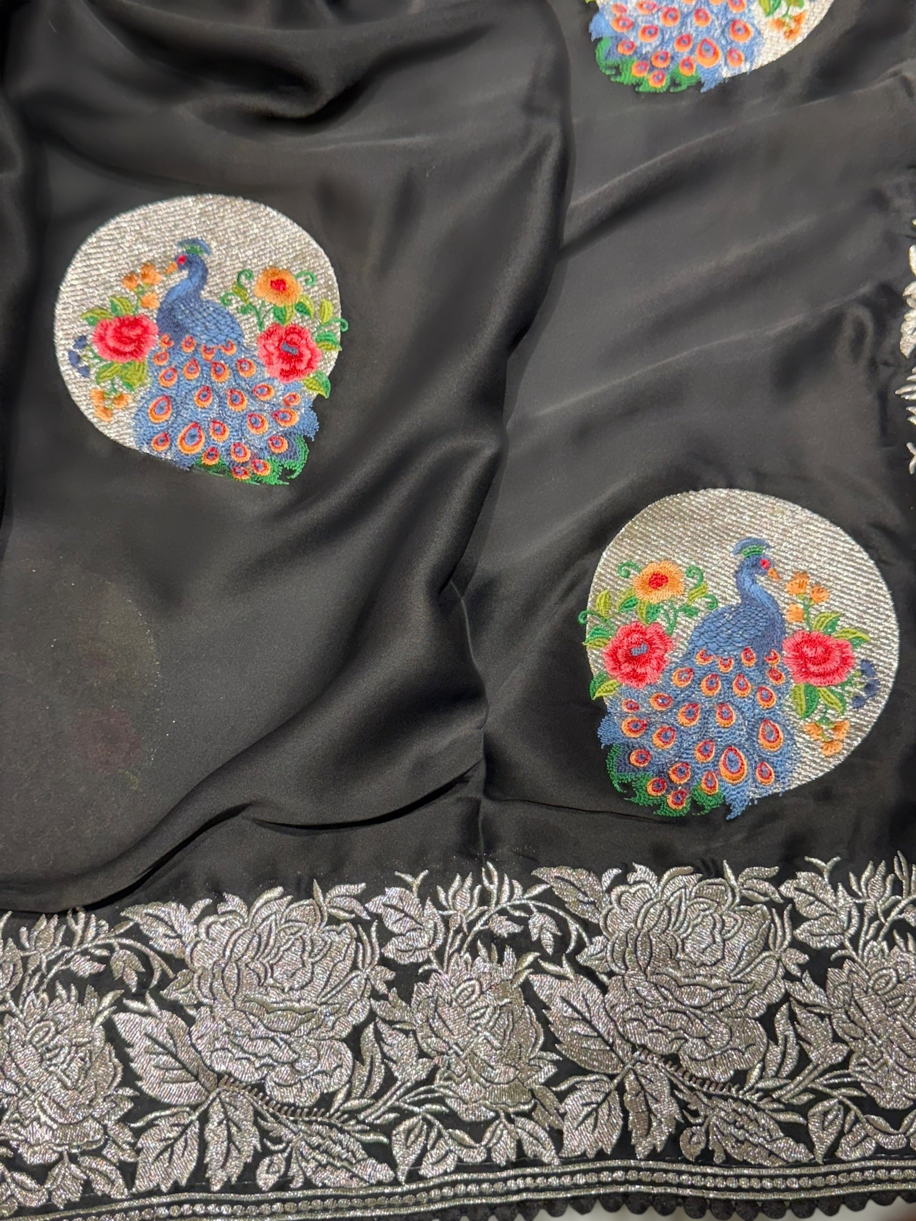 Black Designer Satin Saree with stunning embroidered border & motifs
