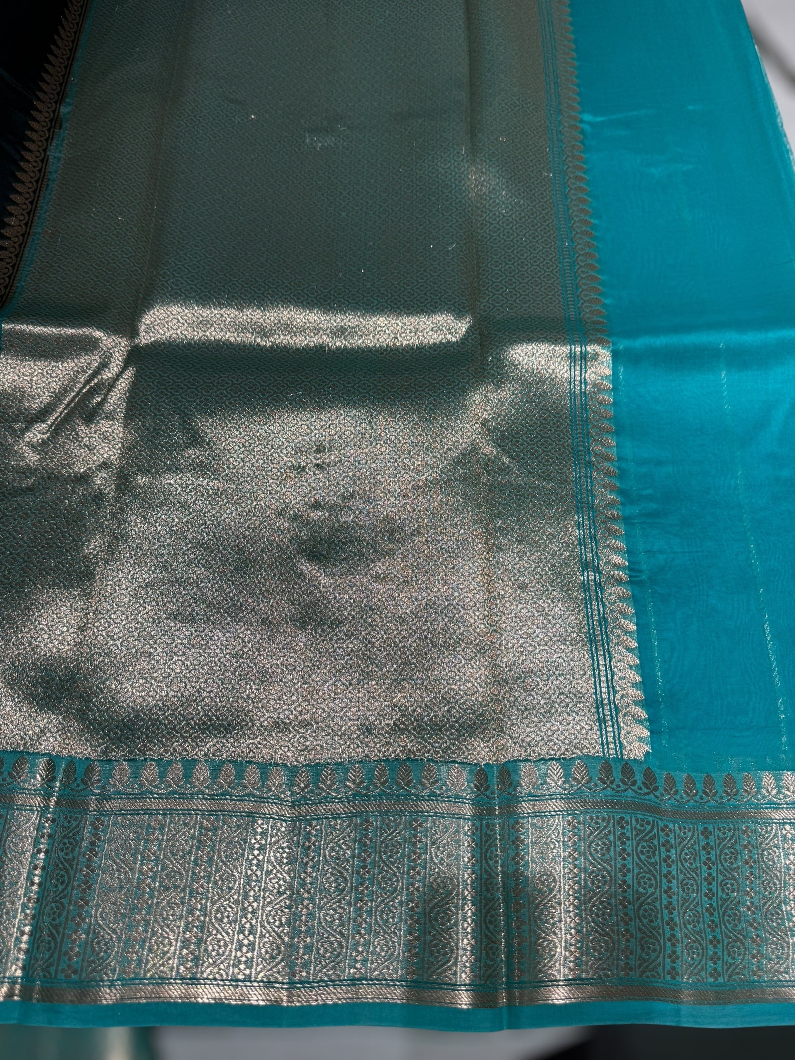 Forest Green & Teal Pure Handloom Kora Banarasi Saree