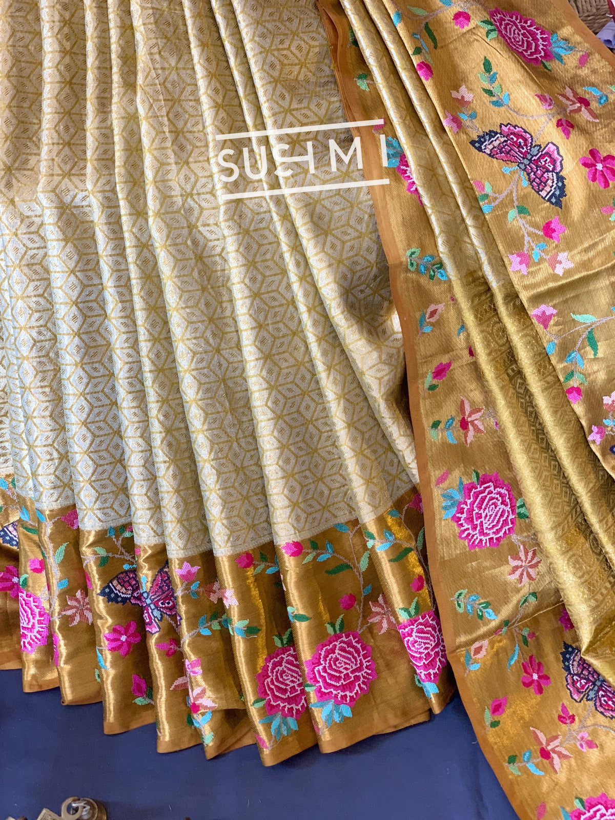 Gold Kanjeevaram Tissue Sareewith petite point embroidery : S62F085