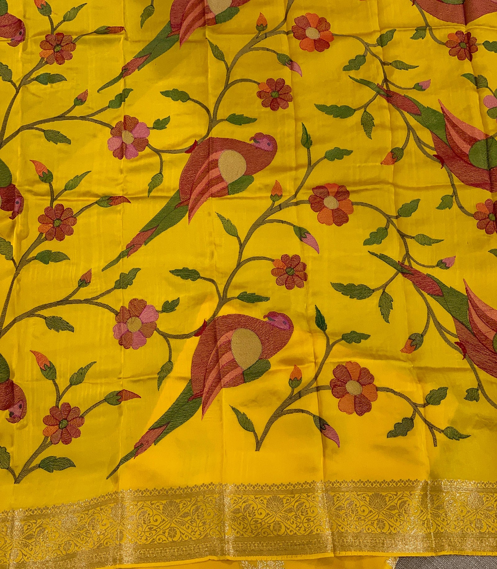 Mango Yellow Mashru Silk Saree with Paithani inspired embroidered blouse