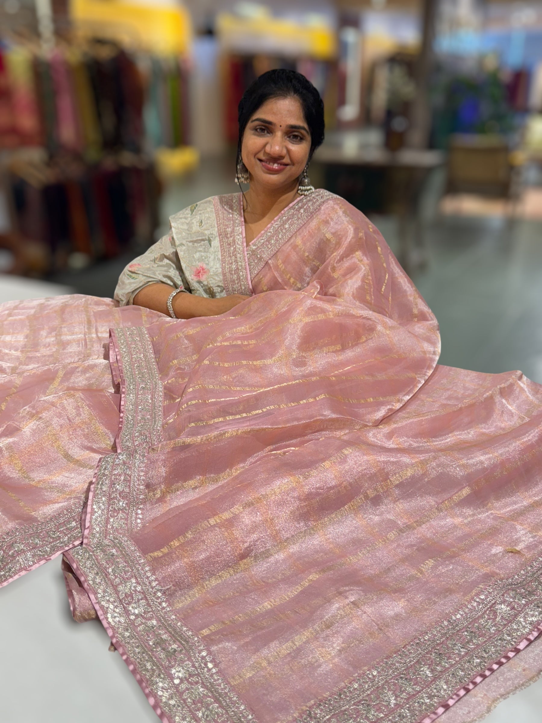 Pastel Pink Banarasi Tissue checks Saree with Sabyasachi Borders