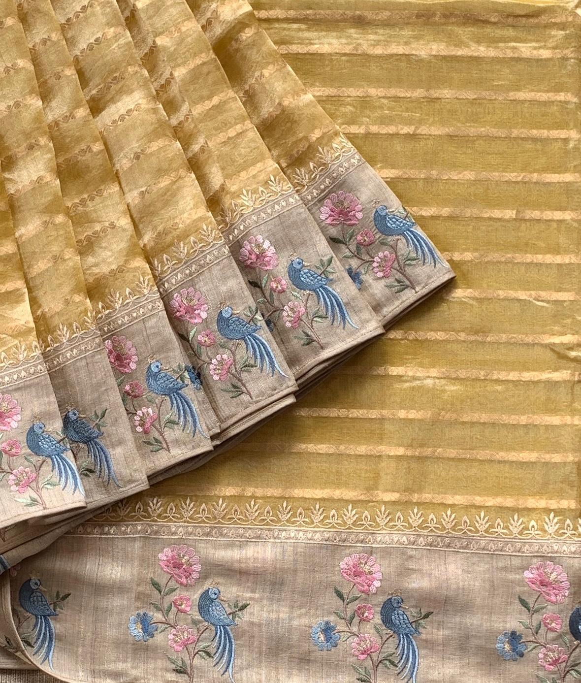 Yellow Pure Handloom Tissue Saree with pure Tussar embroidered border