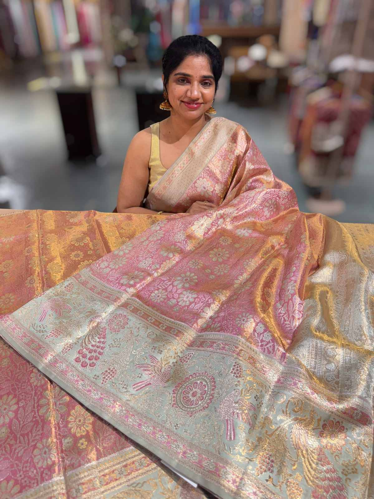 Pastel Pink & Mint Blue Kanjeevaram Tissue meenakari saree
