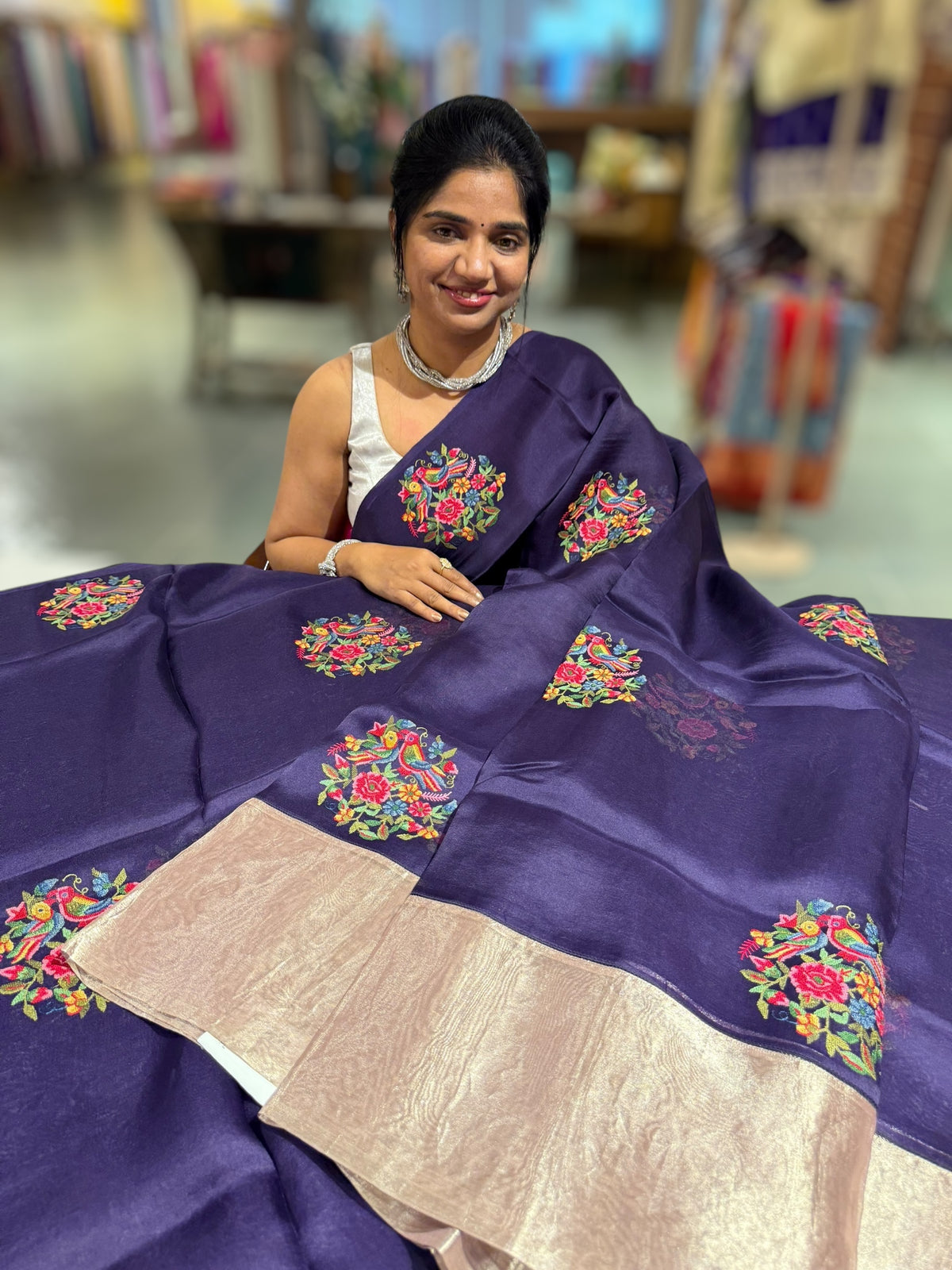 Violet Organza Saree with pure Tissue Border