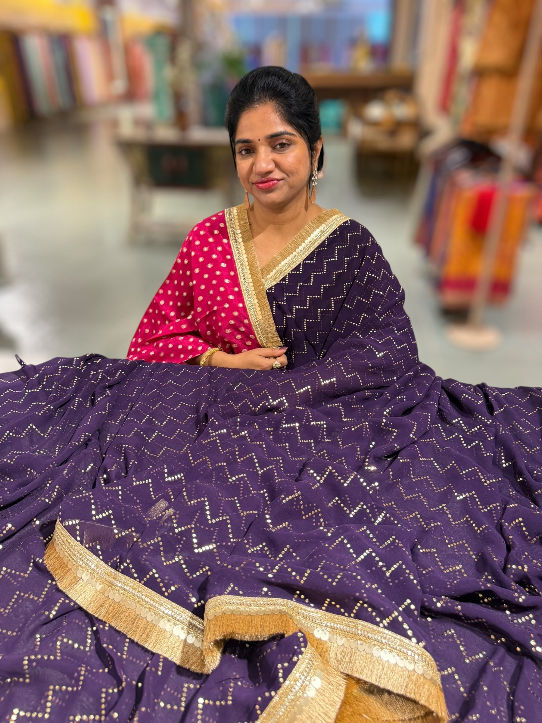 Dark Violet Georgette Saree with stick on Badla in zigzag pattern