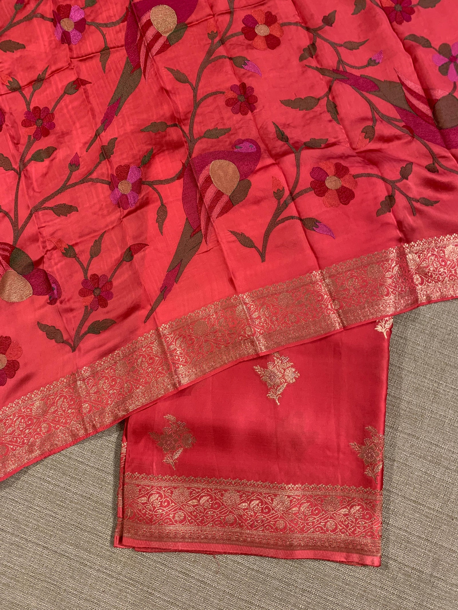 Dark Peach Pink Mashru Silk Saree with Paithani inspired embroidered blouse