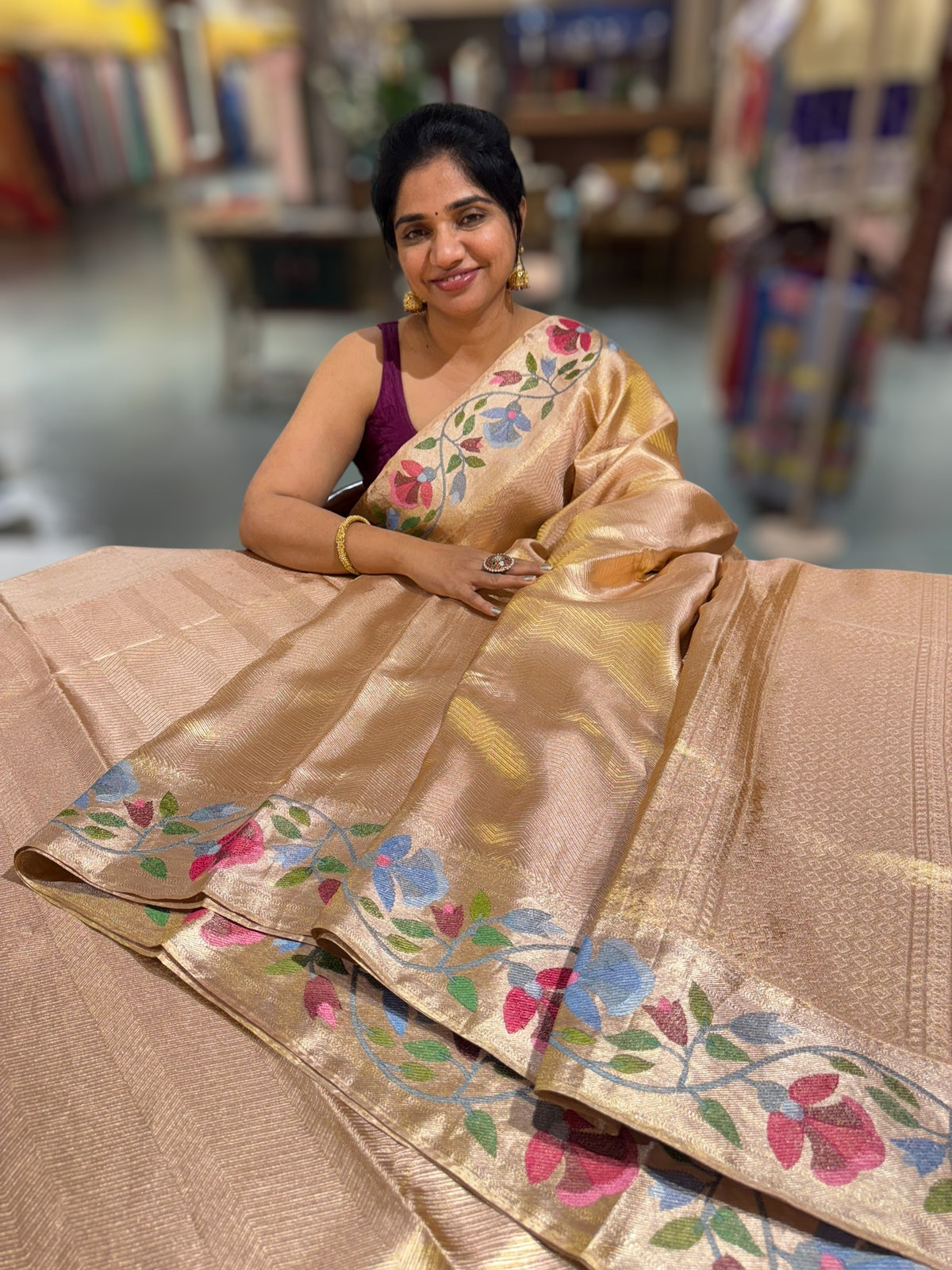 Rose Gold Kanchi Tissue Brocade Saree With jamdani inspired embroidery.