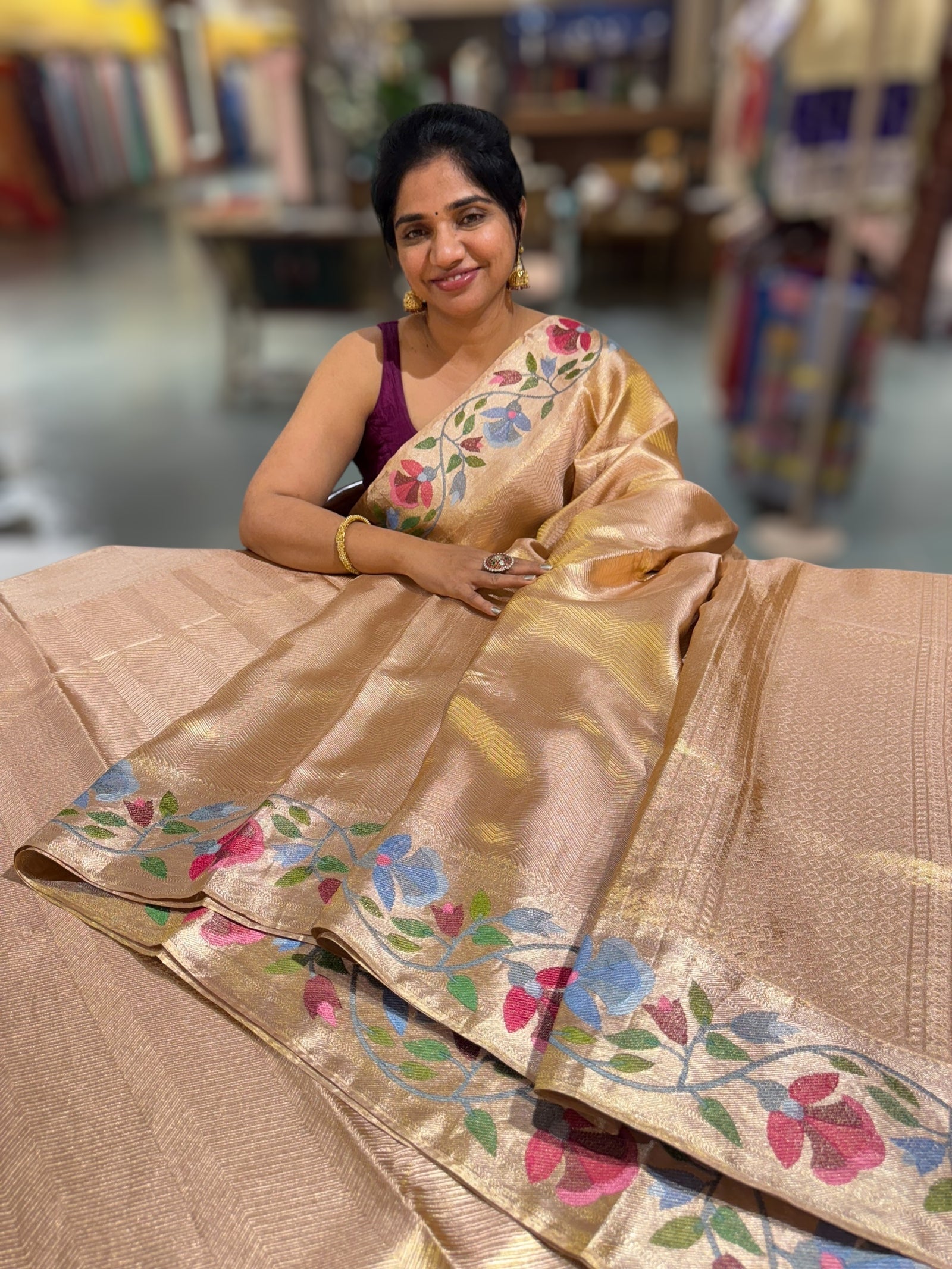 Rose Gold Kanchi Tissue Brocade Saree With jamdani inspired embroidery.