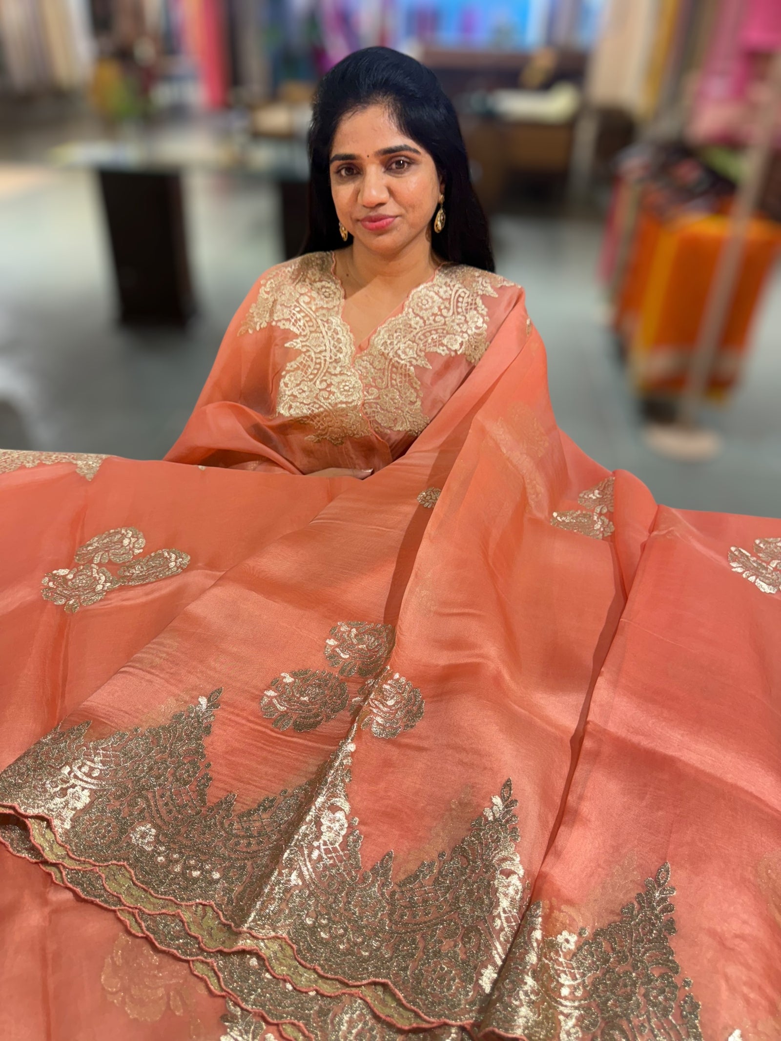 Coral Peach Organza with chantilly Lace embroidery