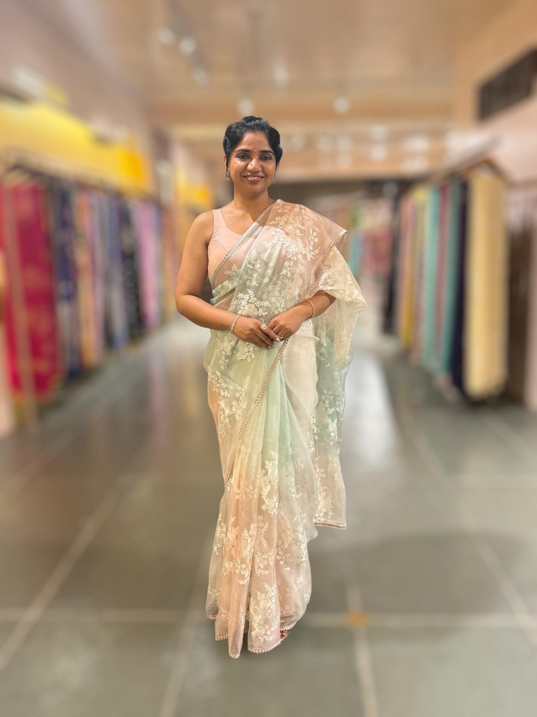 Pure Muslin Ombre Dyed Saree With allover Embroidery