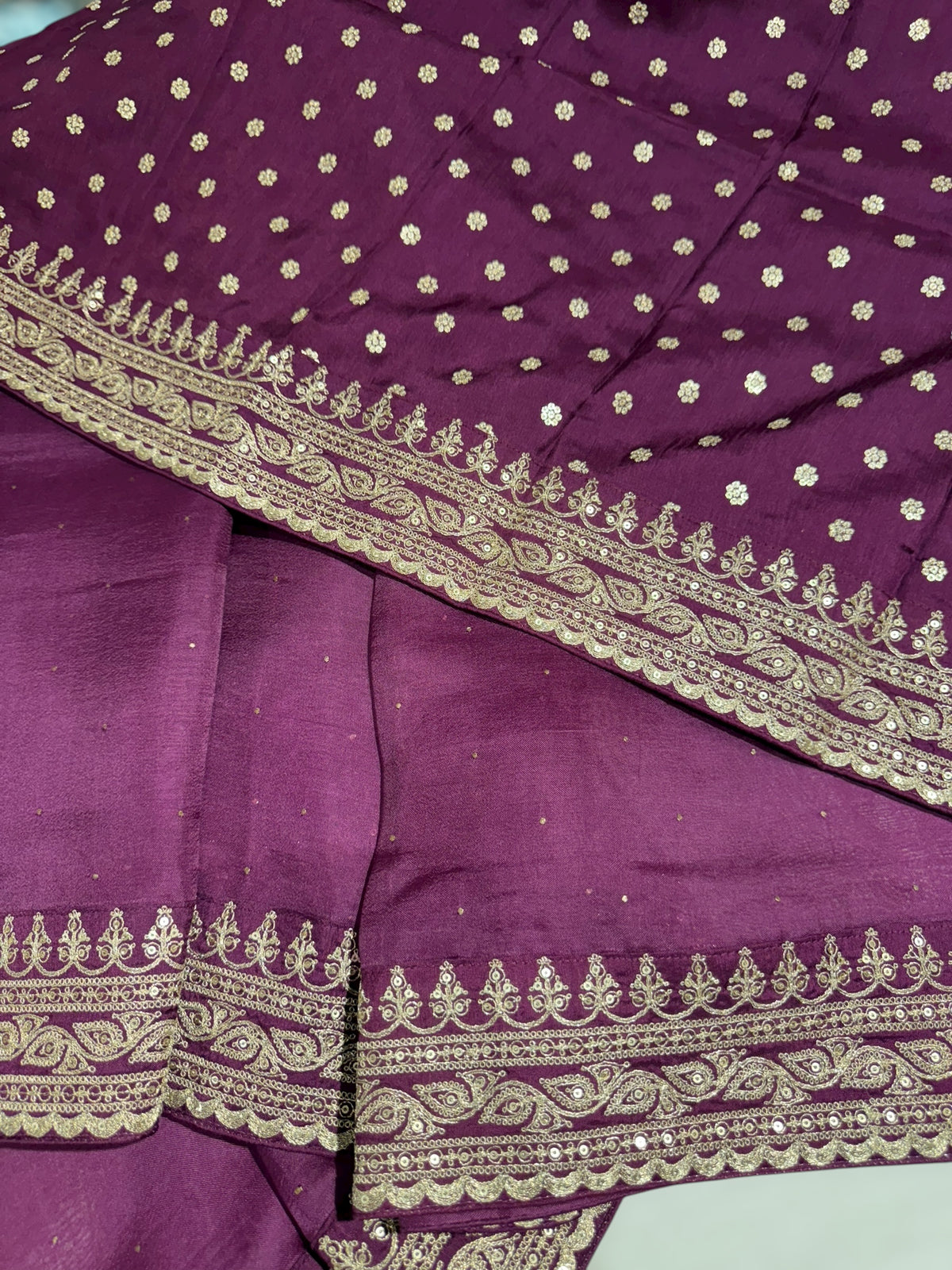 Wine Pure Organza Saree with allover mukaish work & sabyasachi borders