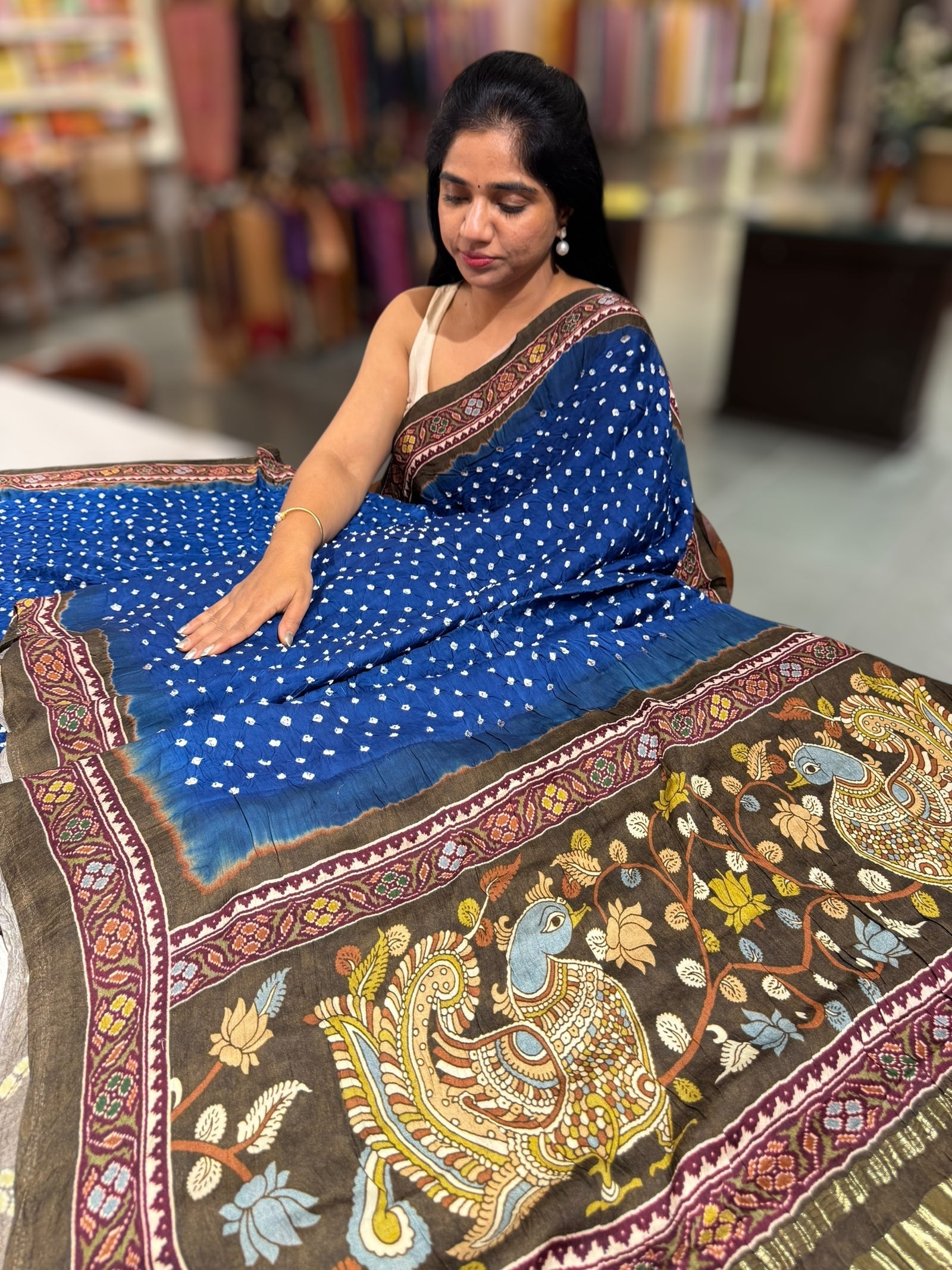 Blue bandhini kalamkari modal satin saree