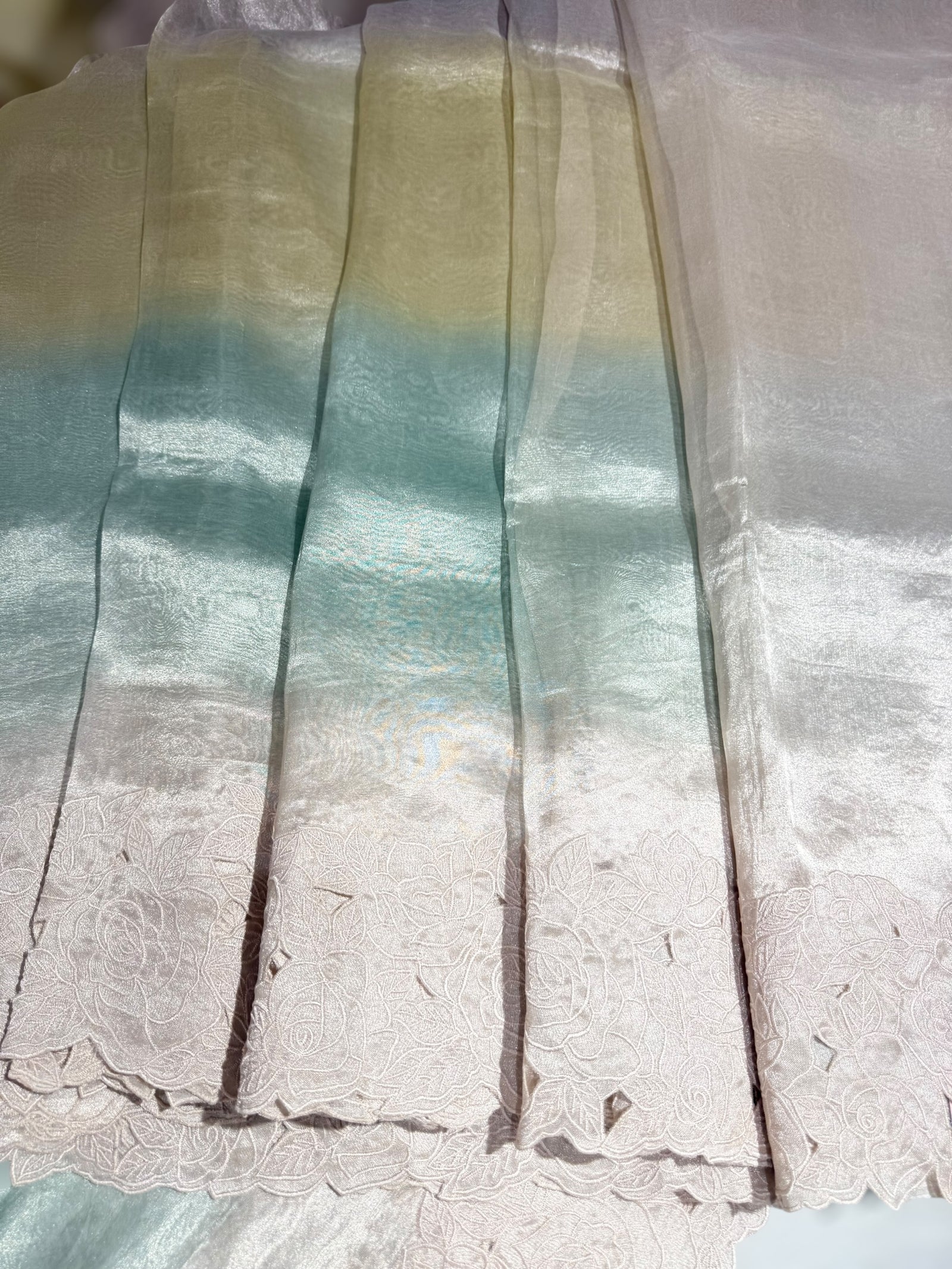 Ombre Dyed  Banarasi Tissue With Rose Cutwork embroidered Border