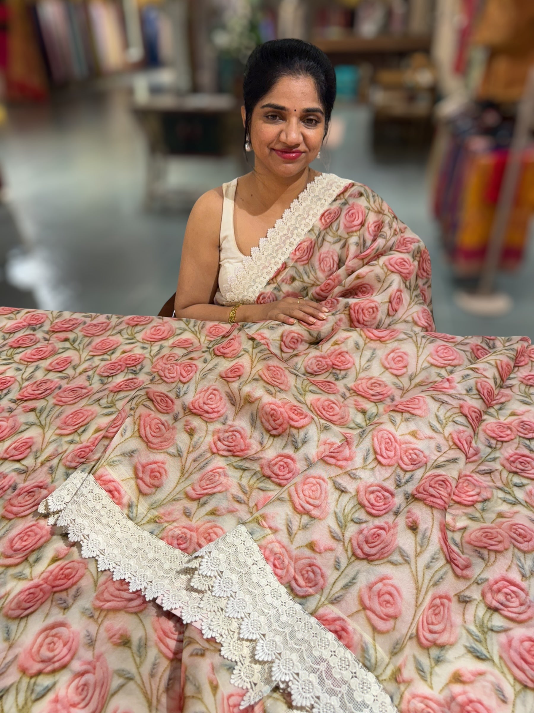 Ivory Organza 3D floral Printed Saree hemlined with crotia lace