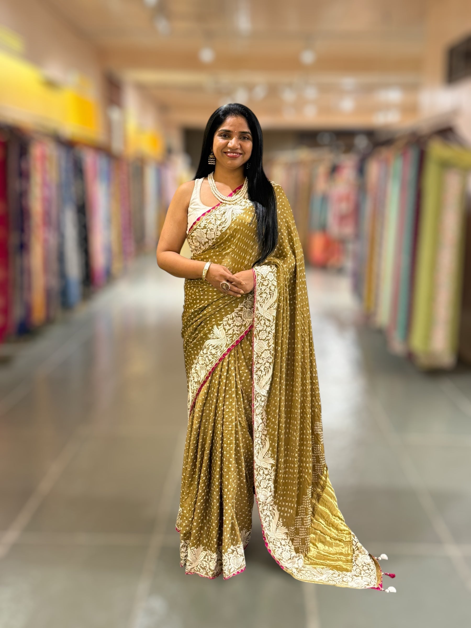 Mehendi Green Pure Gajji Silk Bandhej Saree With Parsi Gara Embroidered Border.