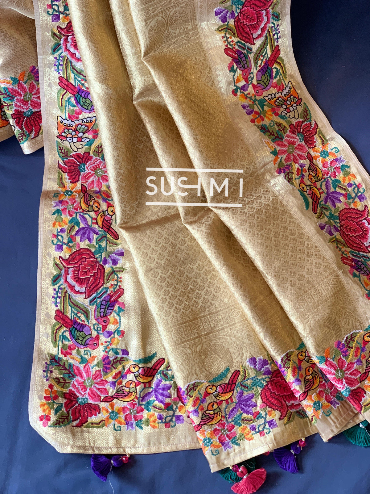 Gold Kanjeevaram Tissue Sareewith petite point embroidery : S62F087