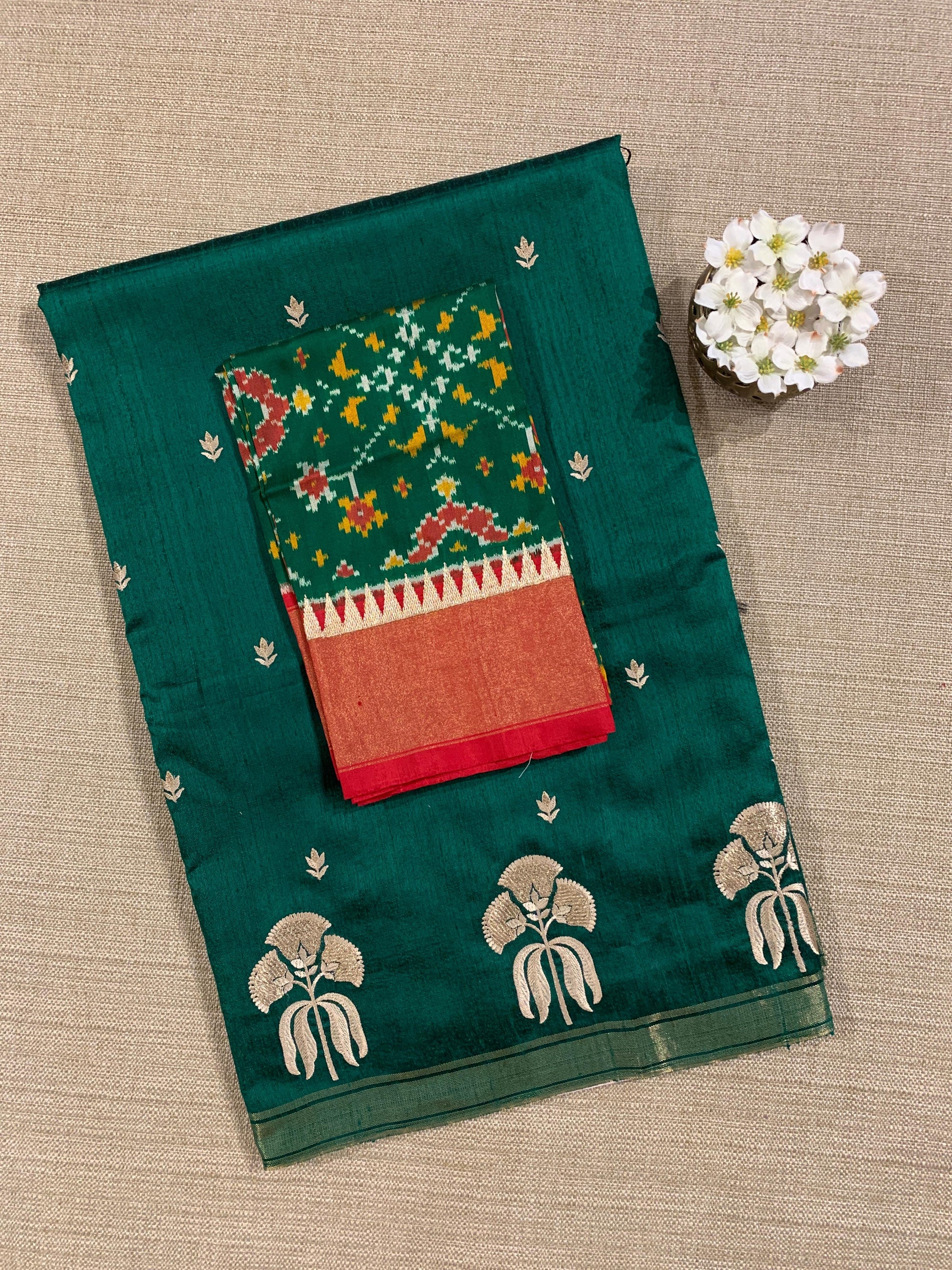 Bottle Green Handloom Raw Silk Saree
