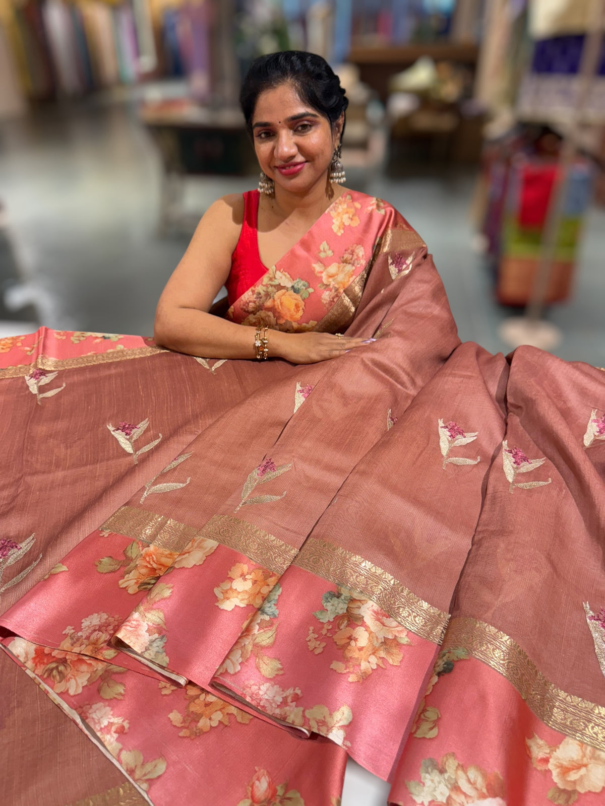Dark Onion Pink Tussar Dhupion Saree with Floral printed mashru borders