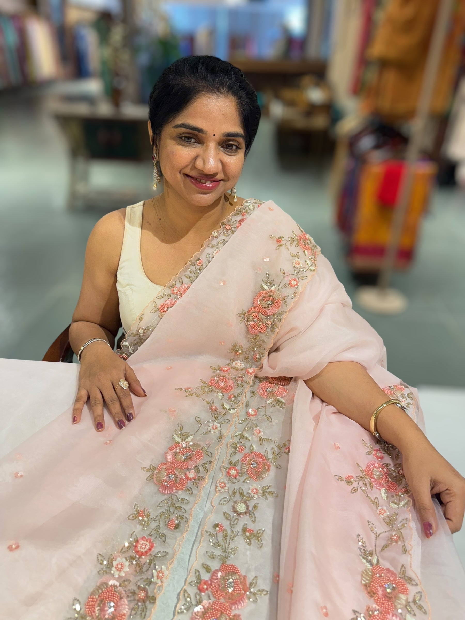 Pink Organza handwork saree with ready to wear blouse