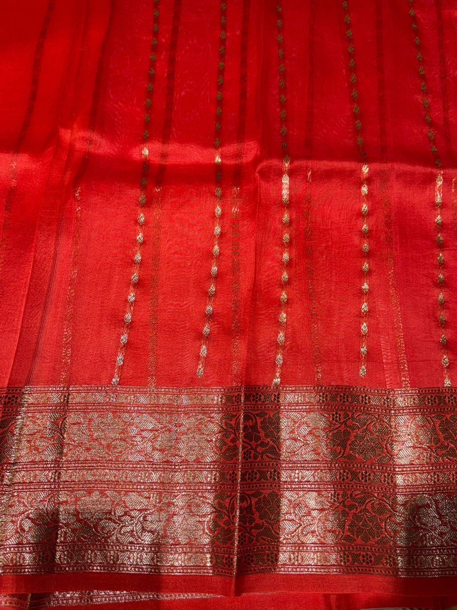 Sunflower Yellow & Orangish Red Combo Kora Banarasi Saree with Meenakari Kaduwa woven motifs