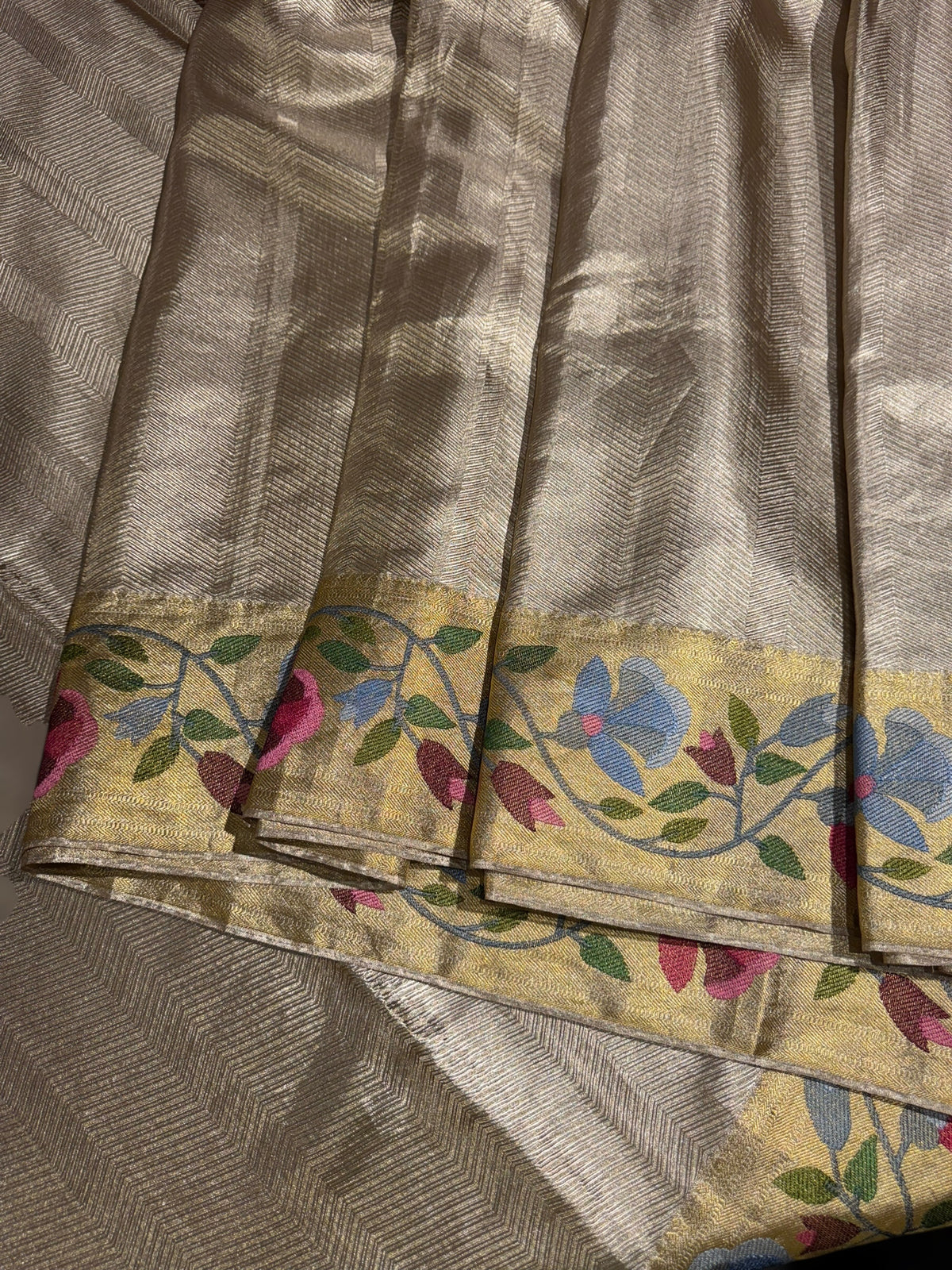 Water Gold Kanchi Tissue Brocade Saree With jamdani inspired embroidery.