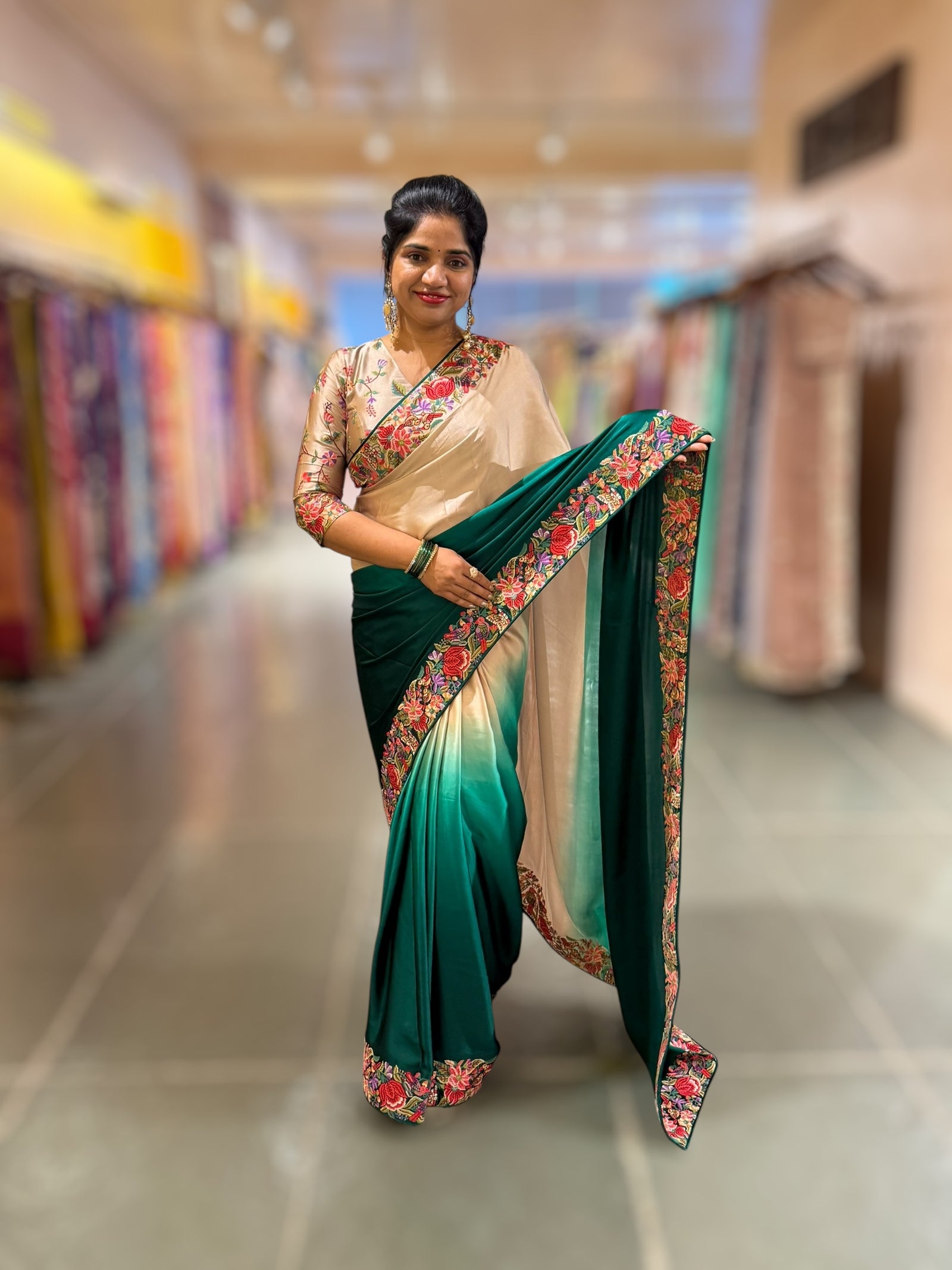 Pure Satin Ombre Dyed Saree with Petite Point Embroidered Border and blouse.