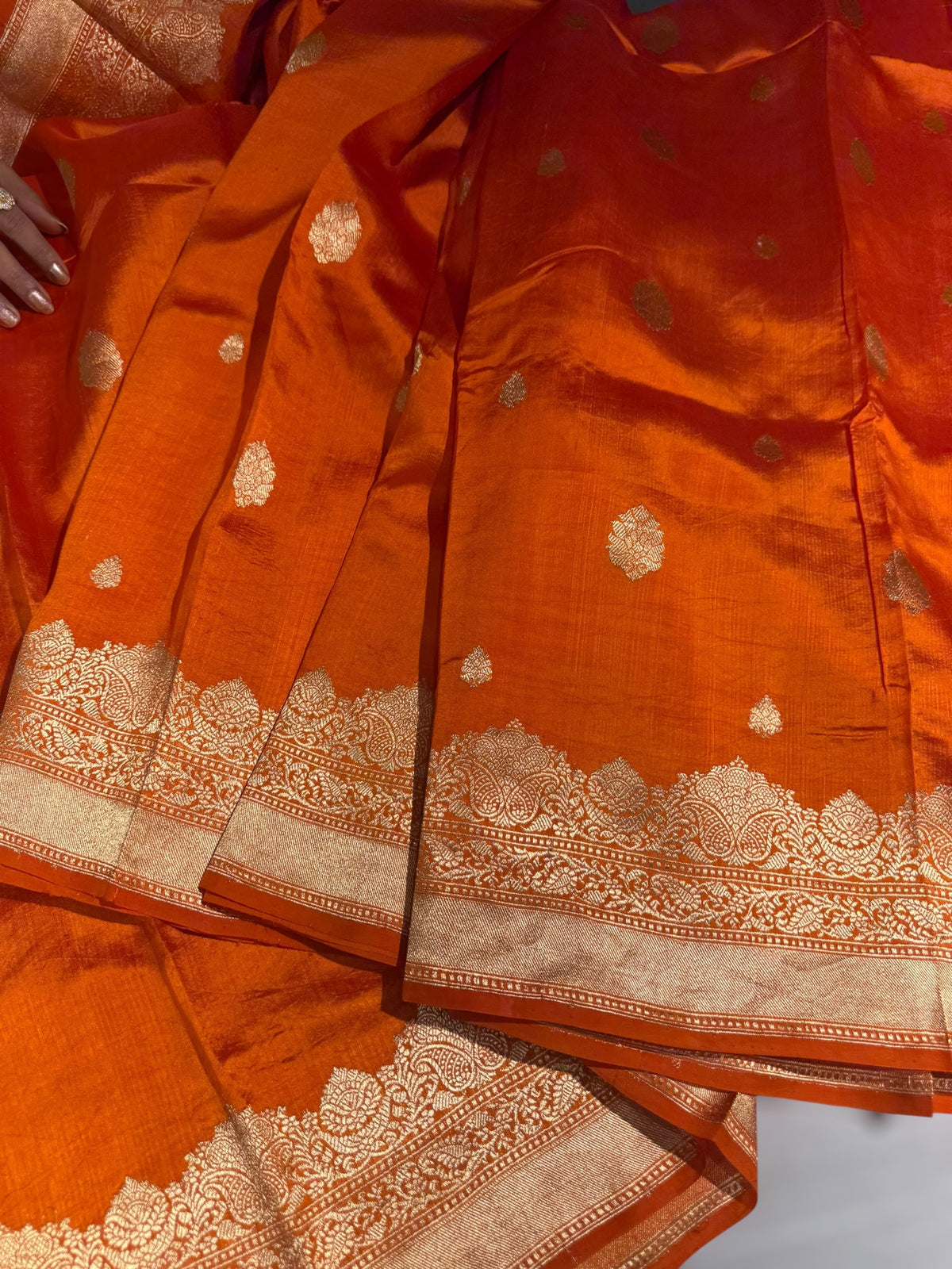 Orange Poona Silk Saree with double Borders