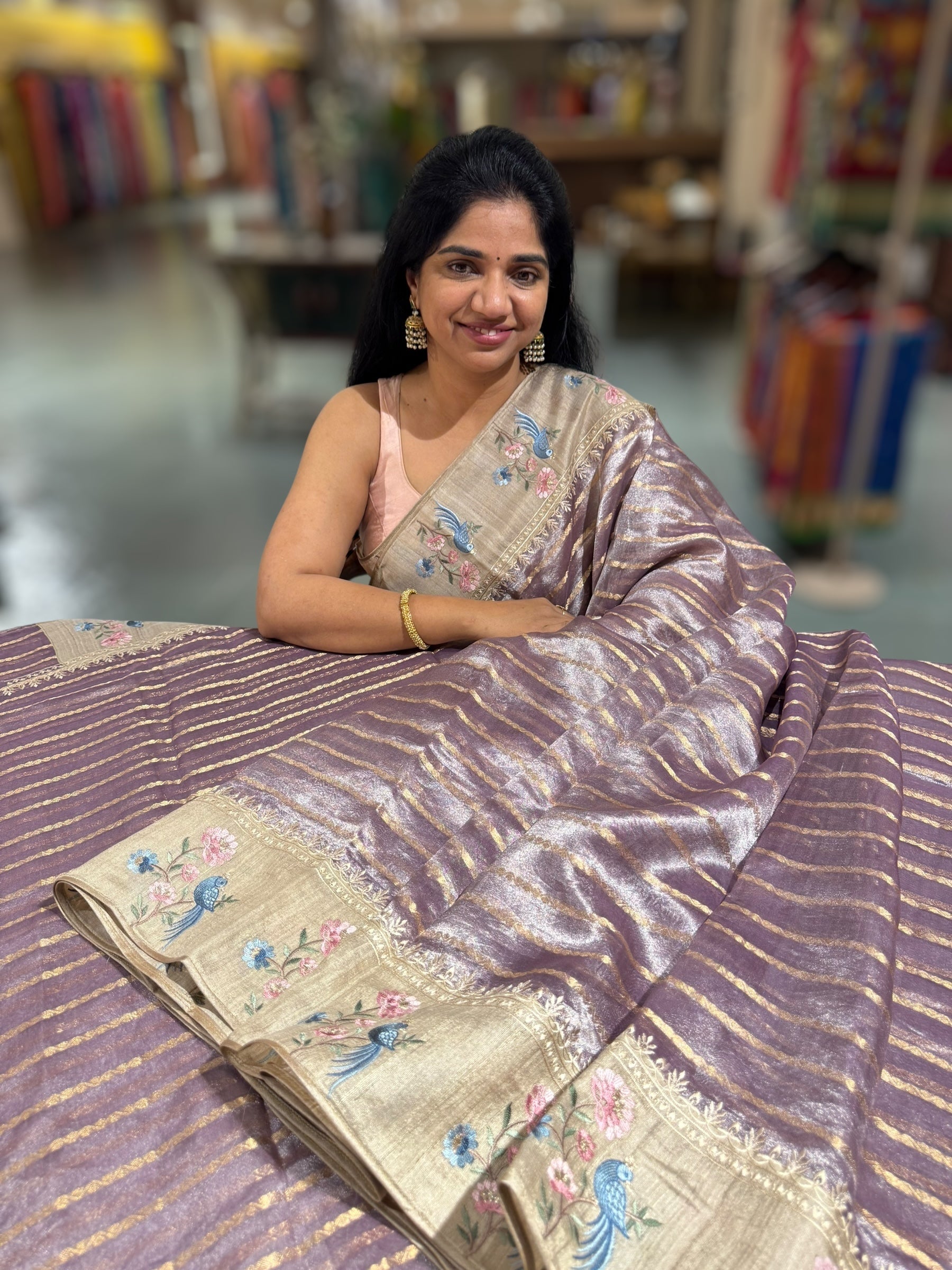 Mauve Pure Handloom Tissue Saree with pure Tussar embroidered border