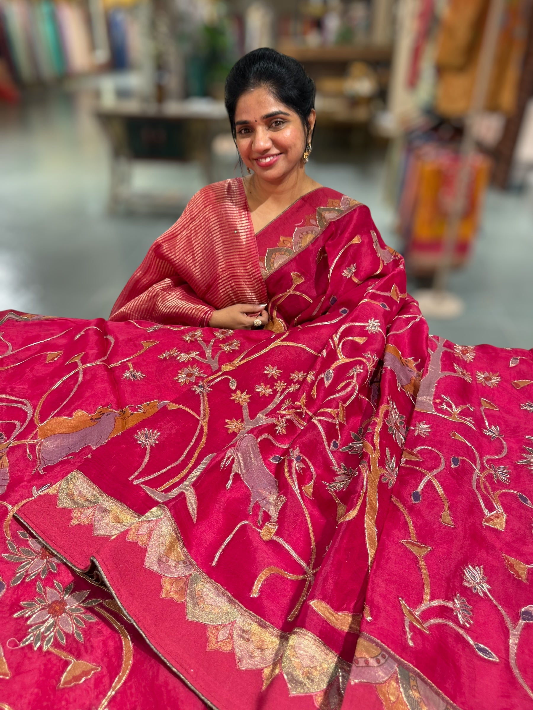 Ruby Pink Designer Organza Saree with Stunning Tissue Applique work Saree with Village theme