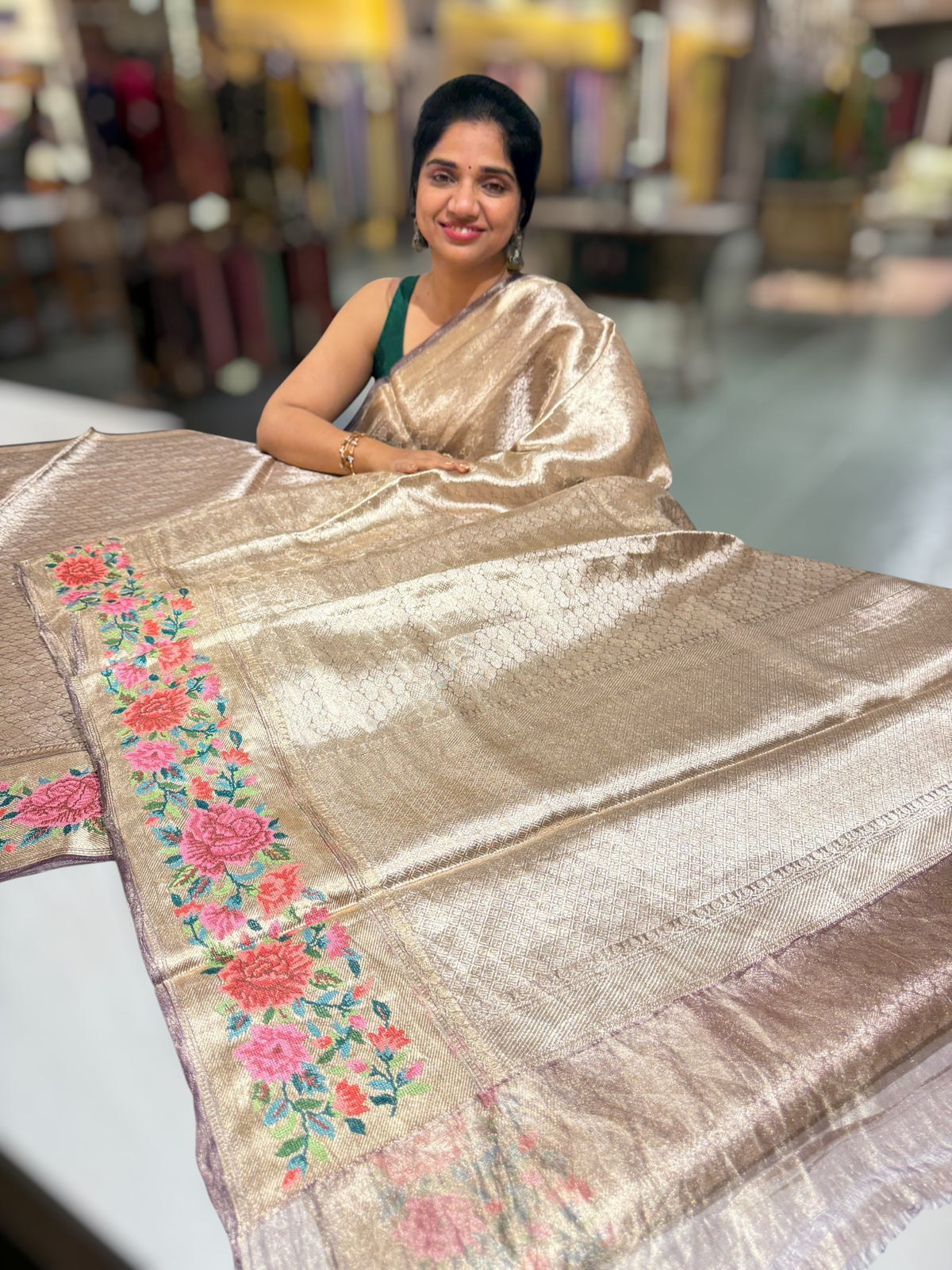 Purple Base Banarasi Tissue Brocade Saree with Petite Point Embroidered Border