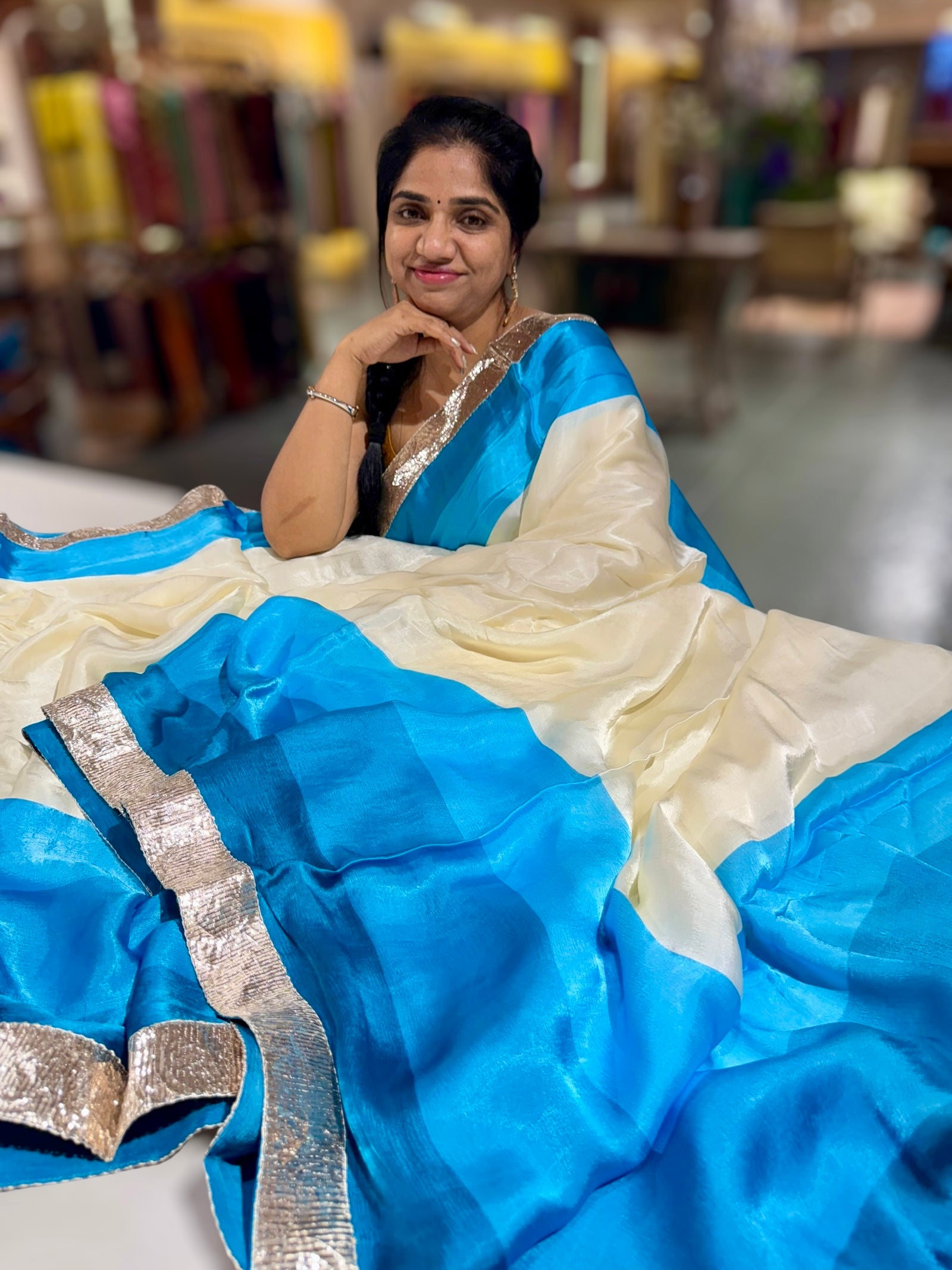 Ivory & Blue Combo Chinnon Crepe Saree with Gotapatti Borders