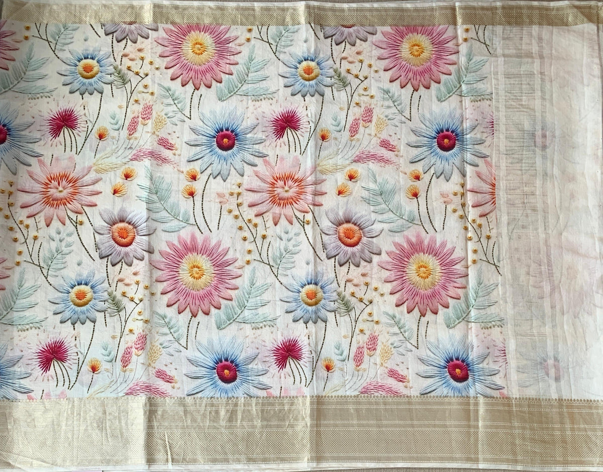 Ivory Pure Handloom Chiniya Silk Saree with stunning Floral Print and zari borders