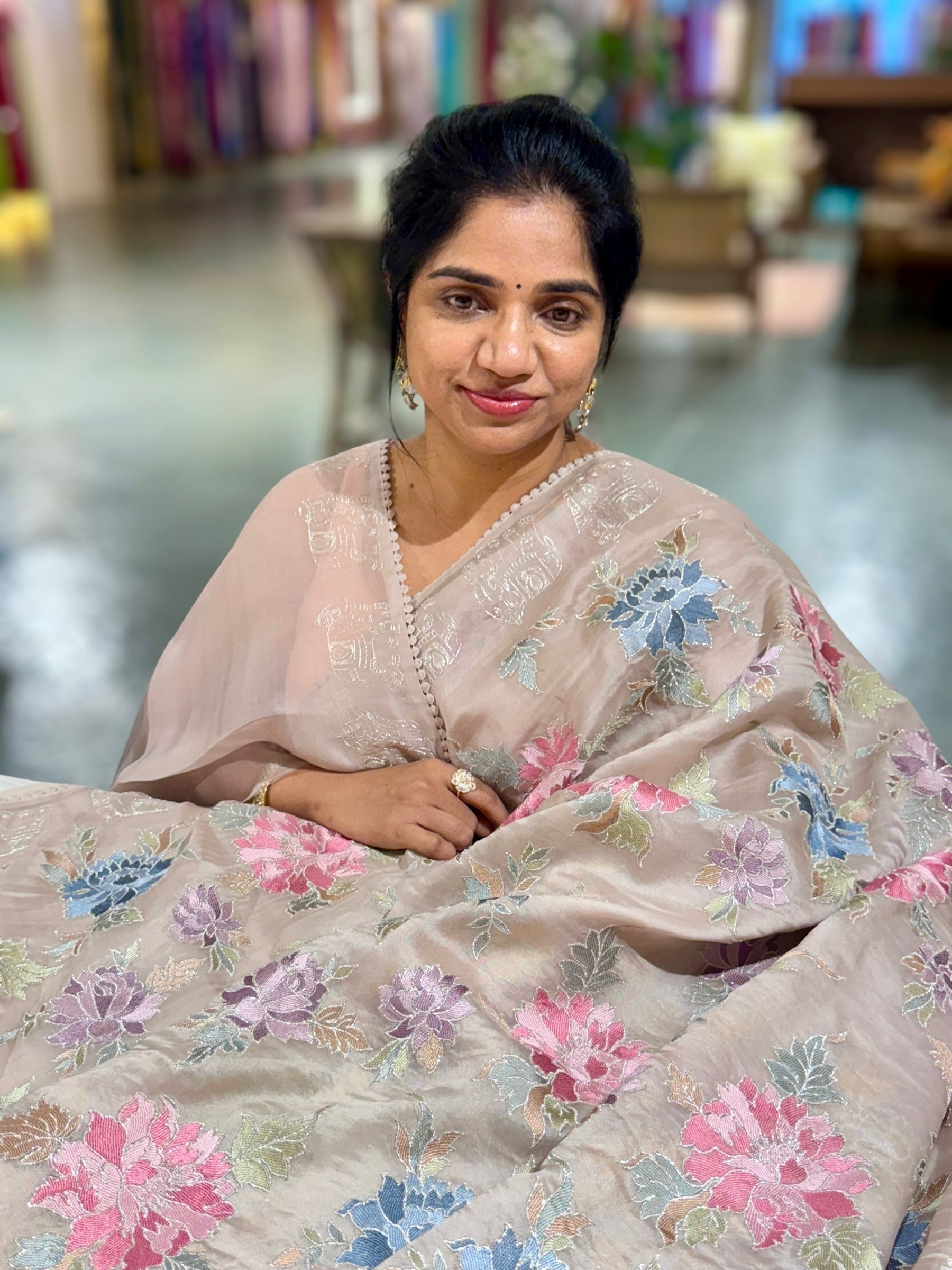 Taupe Organza Saree with Allover floral Thread Embroidery