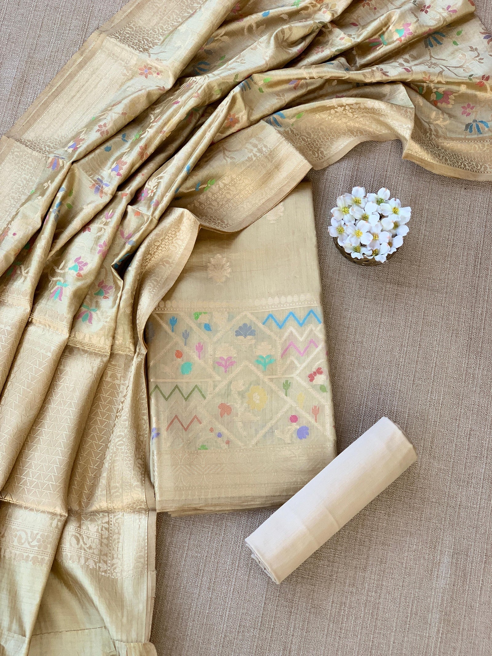 Golden Beige Banarasi Chiniya Silk 3-pc Suit set : SS62J04