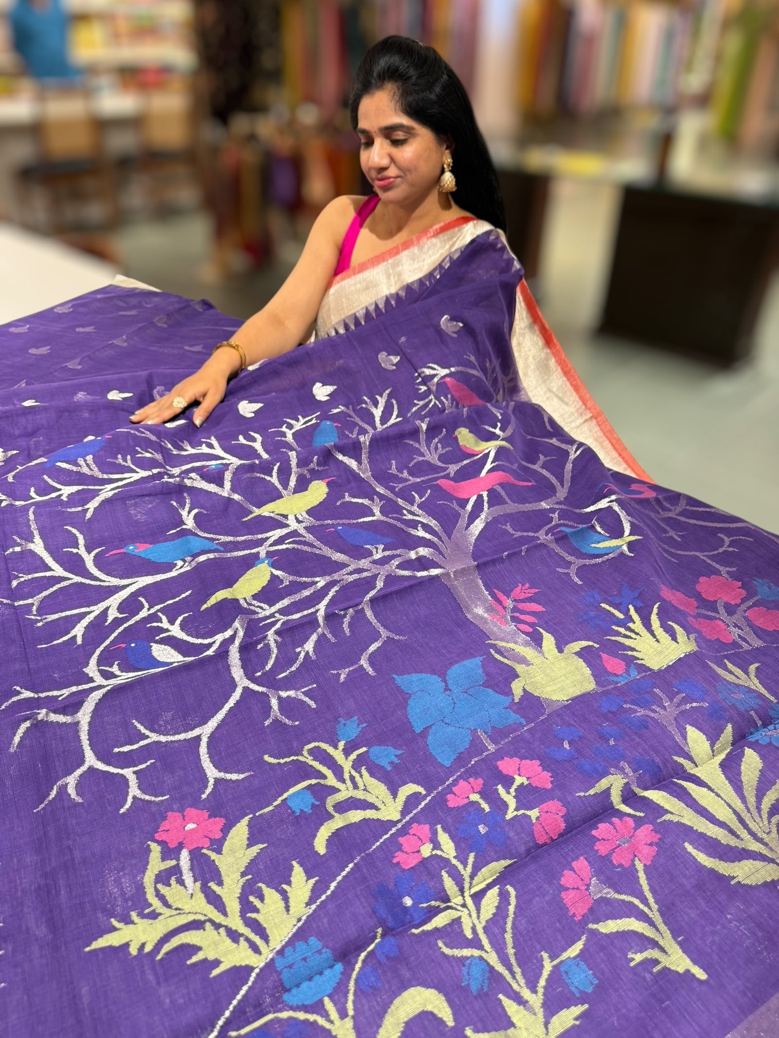 Violet Pure  handloom Ponduru Khadi jamdani Saree with heavy pallu