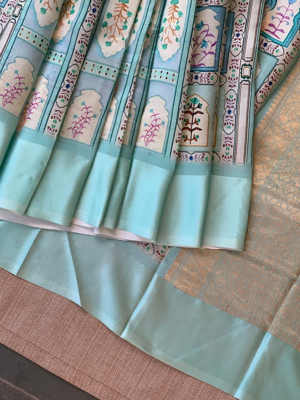 Mint Blue Soft Silk Saree with patola style print and mashru borders