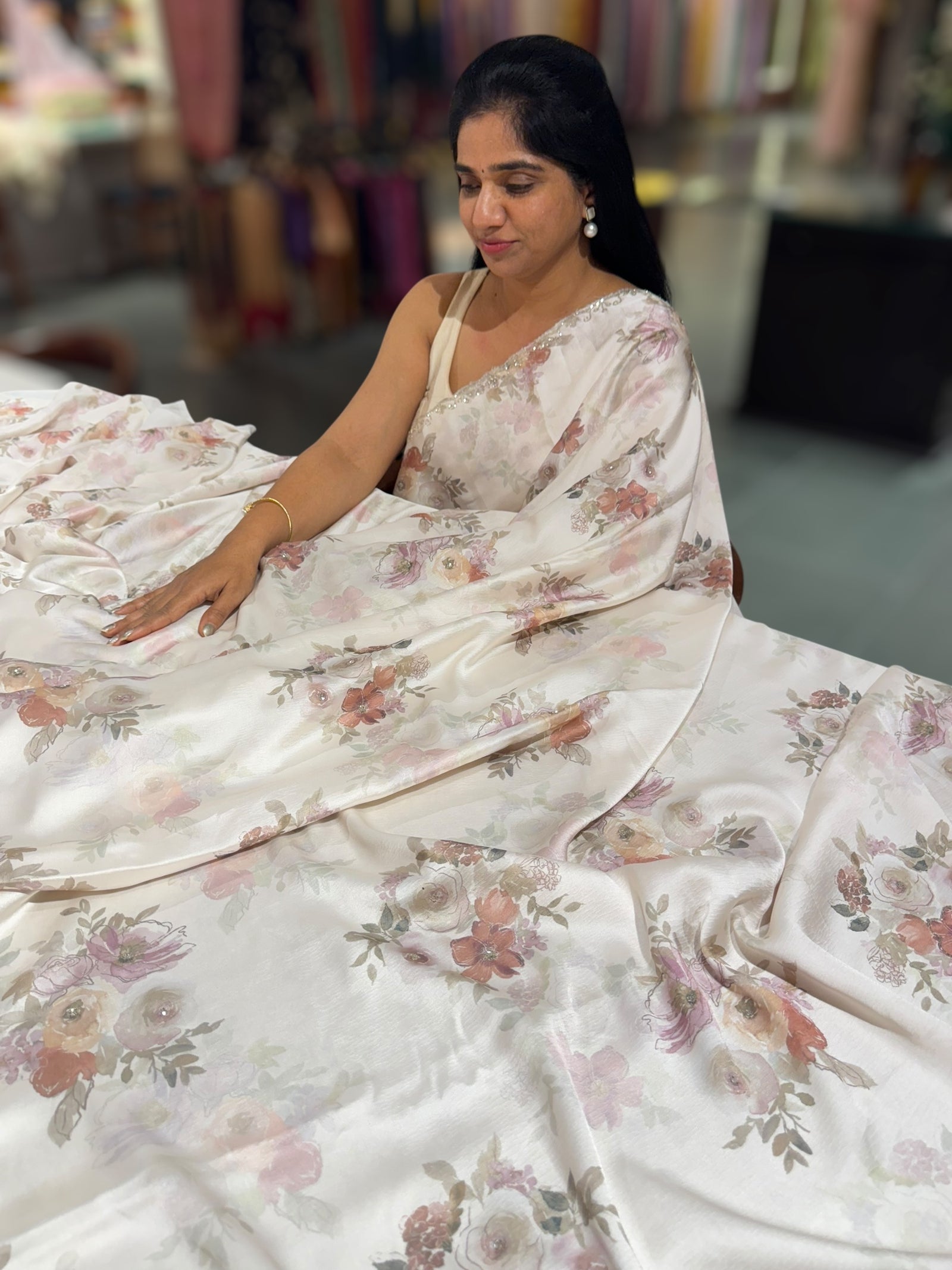Pastel tone Pure chinnon crepe printed saree with handwork border