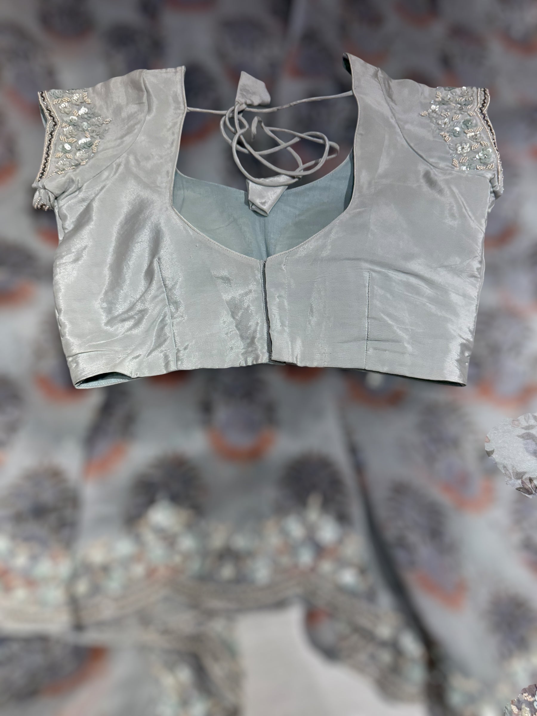 Grey Organza Sabhyasachi printed saree with handwork border paired  with ready to wear blouse