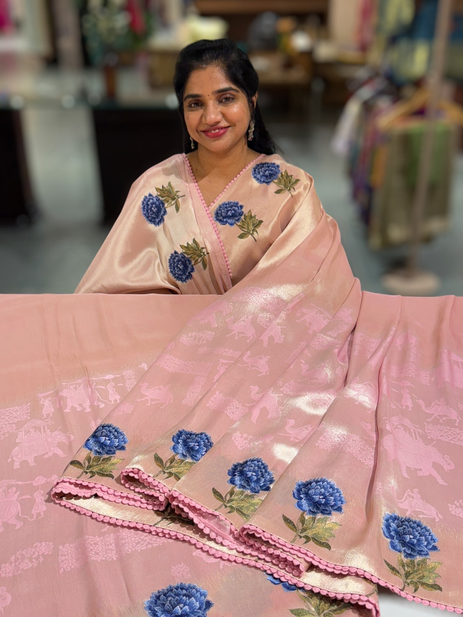 Baby Pink Banarasi Brocade tissue saree with tonchui style weaving & embroidered dahlia flower border