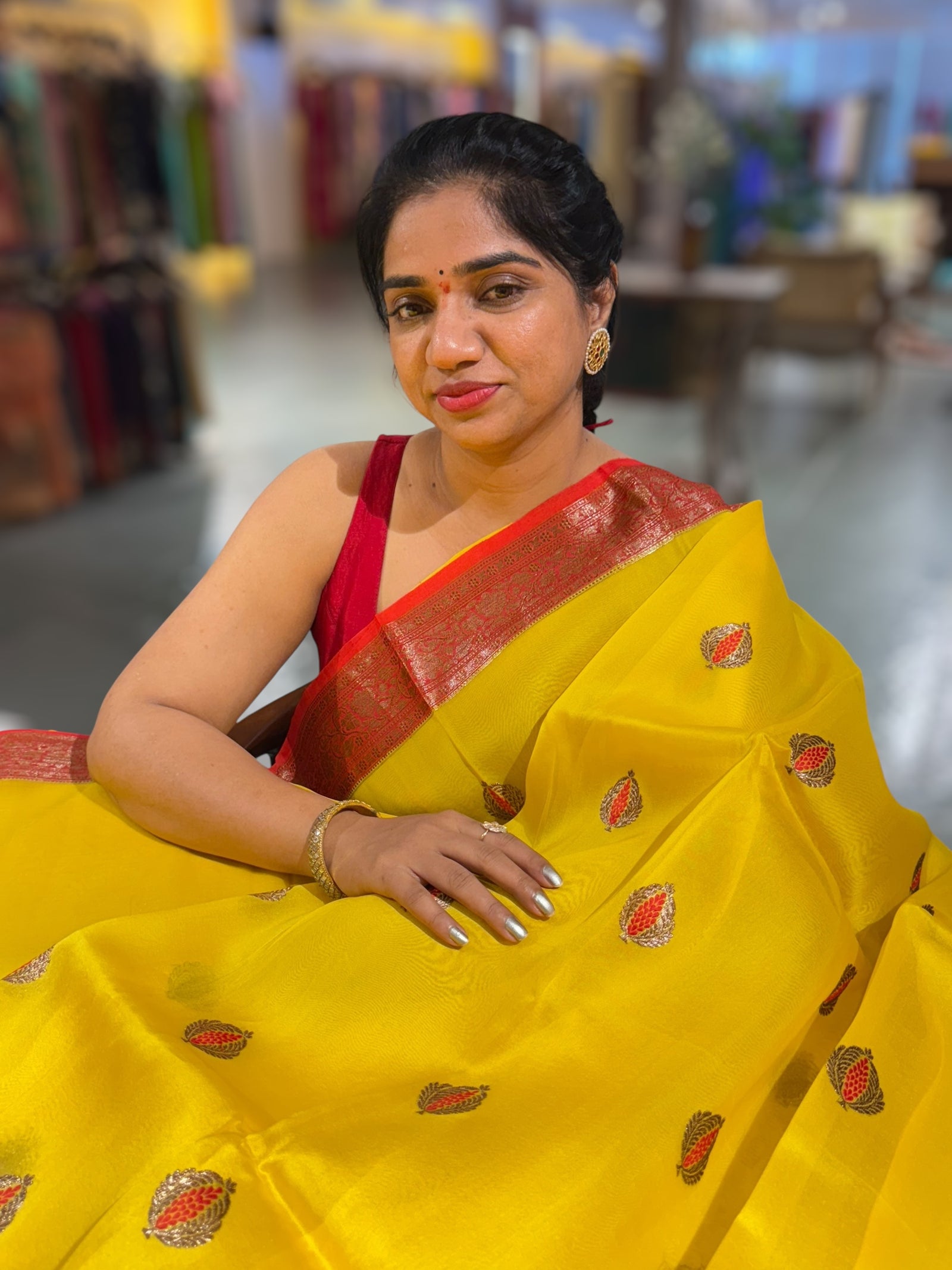 Sunflower Yellow & Orangish Red Combo Kora Banarasi Saree with Meenakari Kaduwa woven motifs