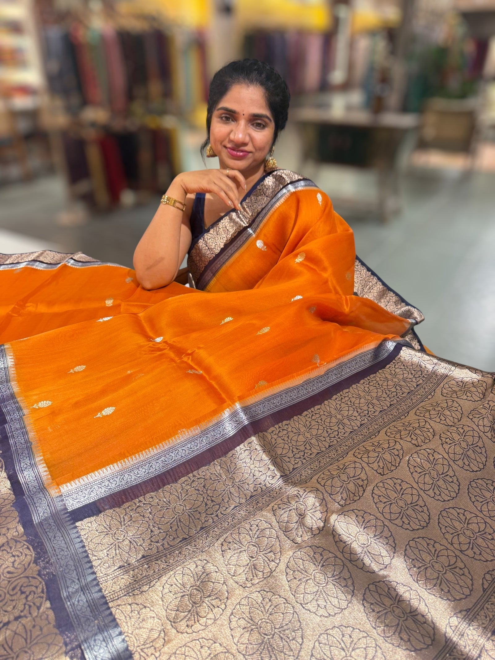 Orange & Navy Pure Handloom Kora Banarasi Saree