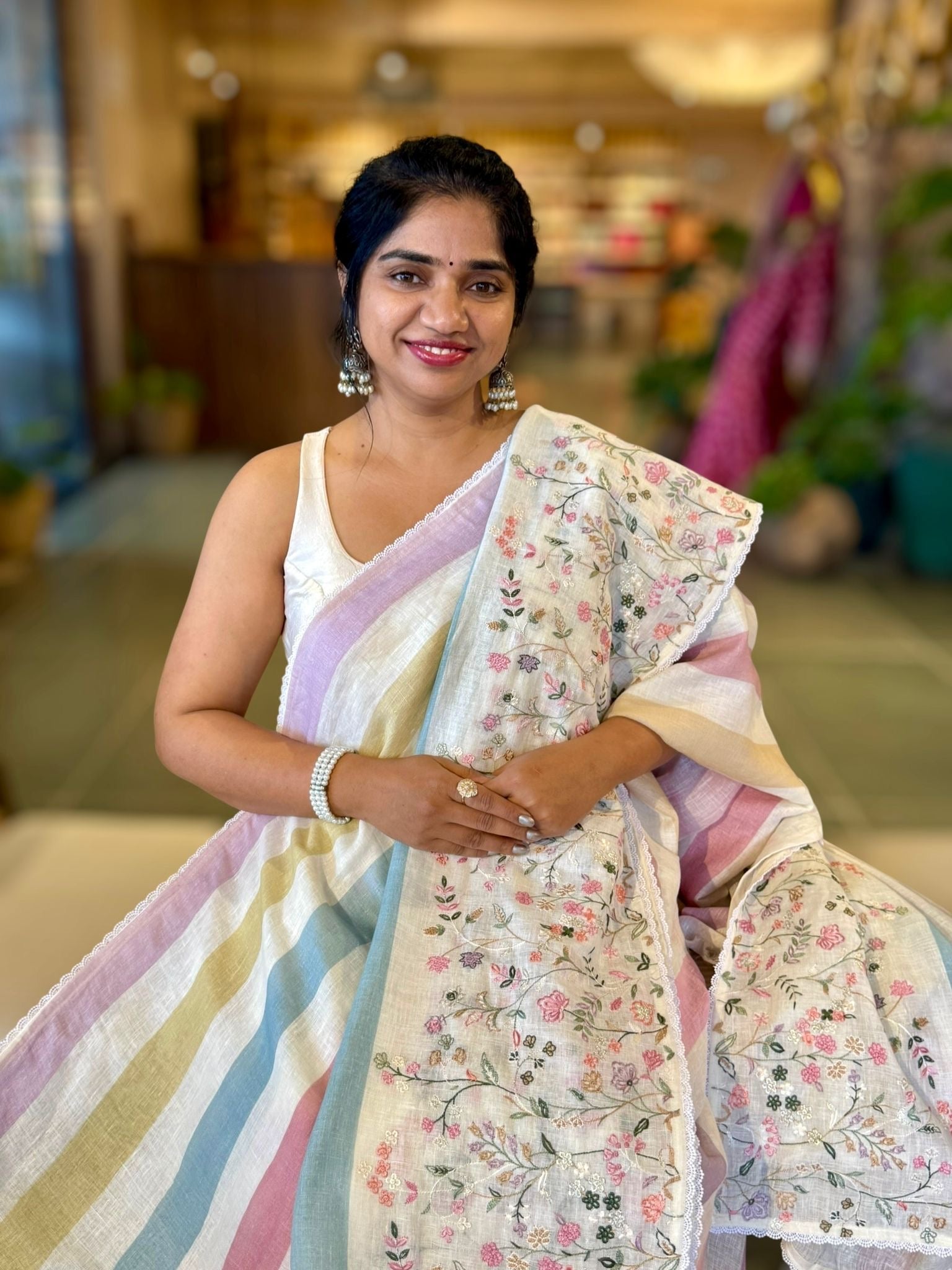 Lenin Saree with Multi Colors stripes and Embroidered Border