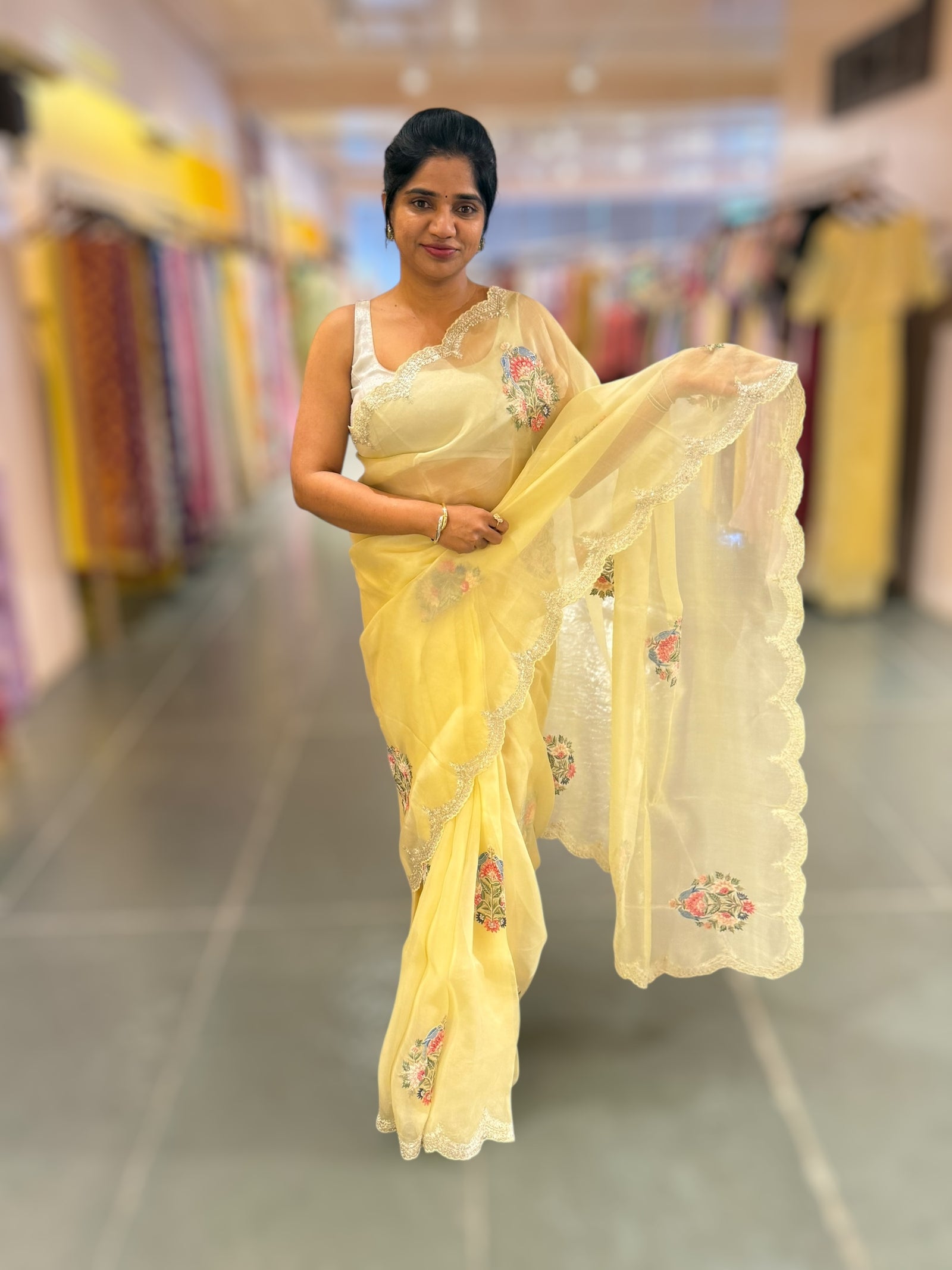 Pastel yellow pure Organza handwork saree