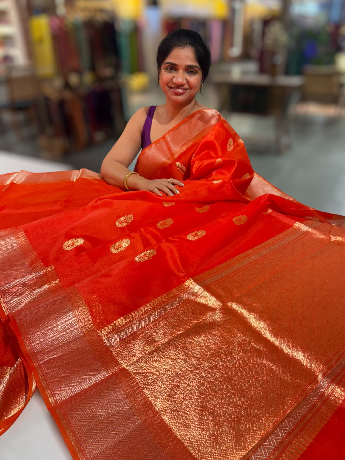 Dark Orange Premium Kora Banarasi Saree with heavy weaving borders and Raw mango style motifs