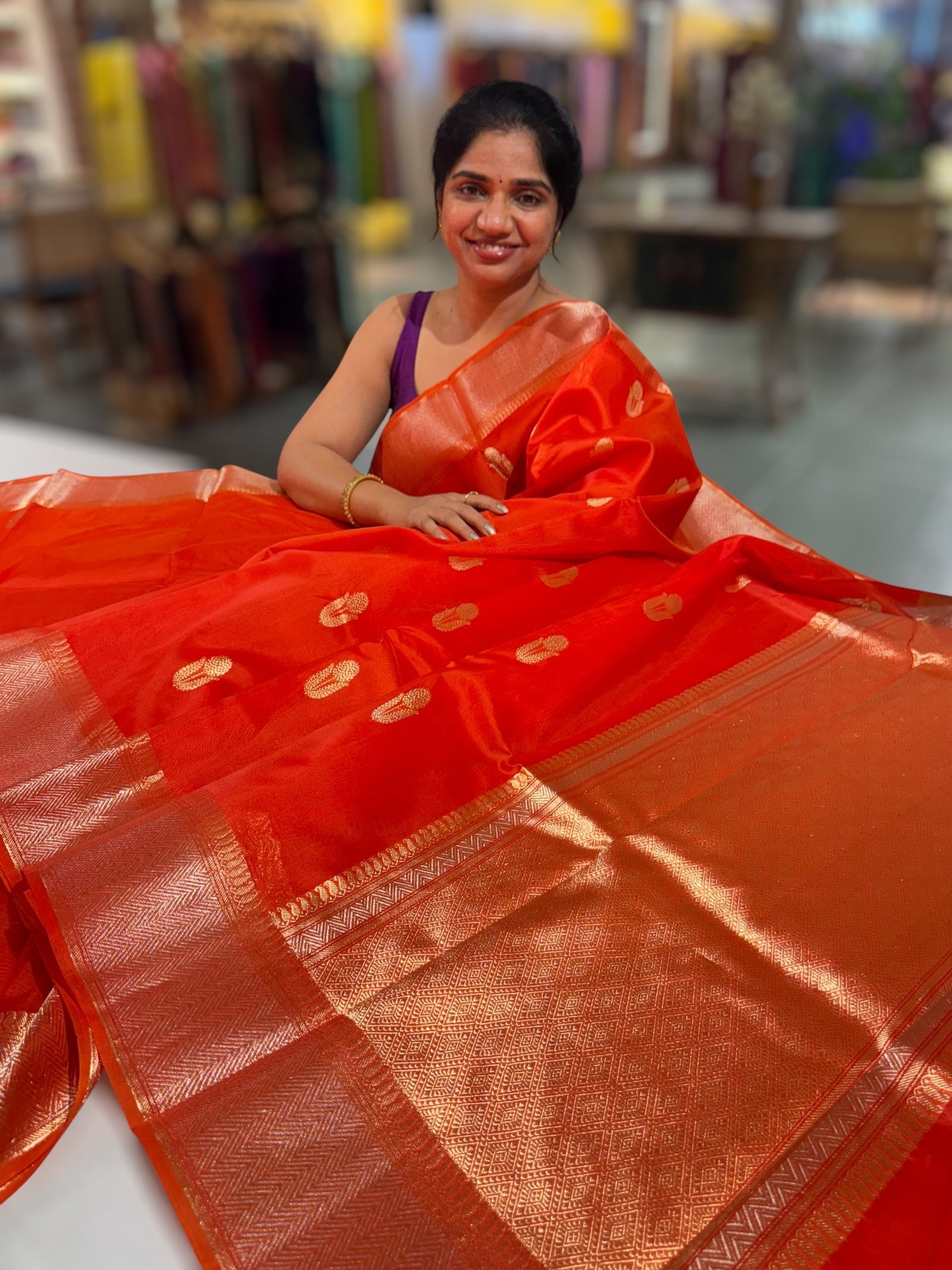 Dark Orange Premium Kora Banarasi Saree with heavy weaving borders and Raw mango style motifs