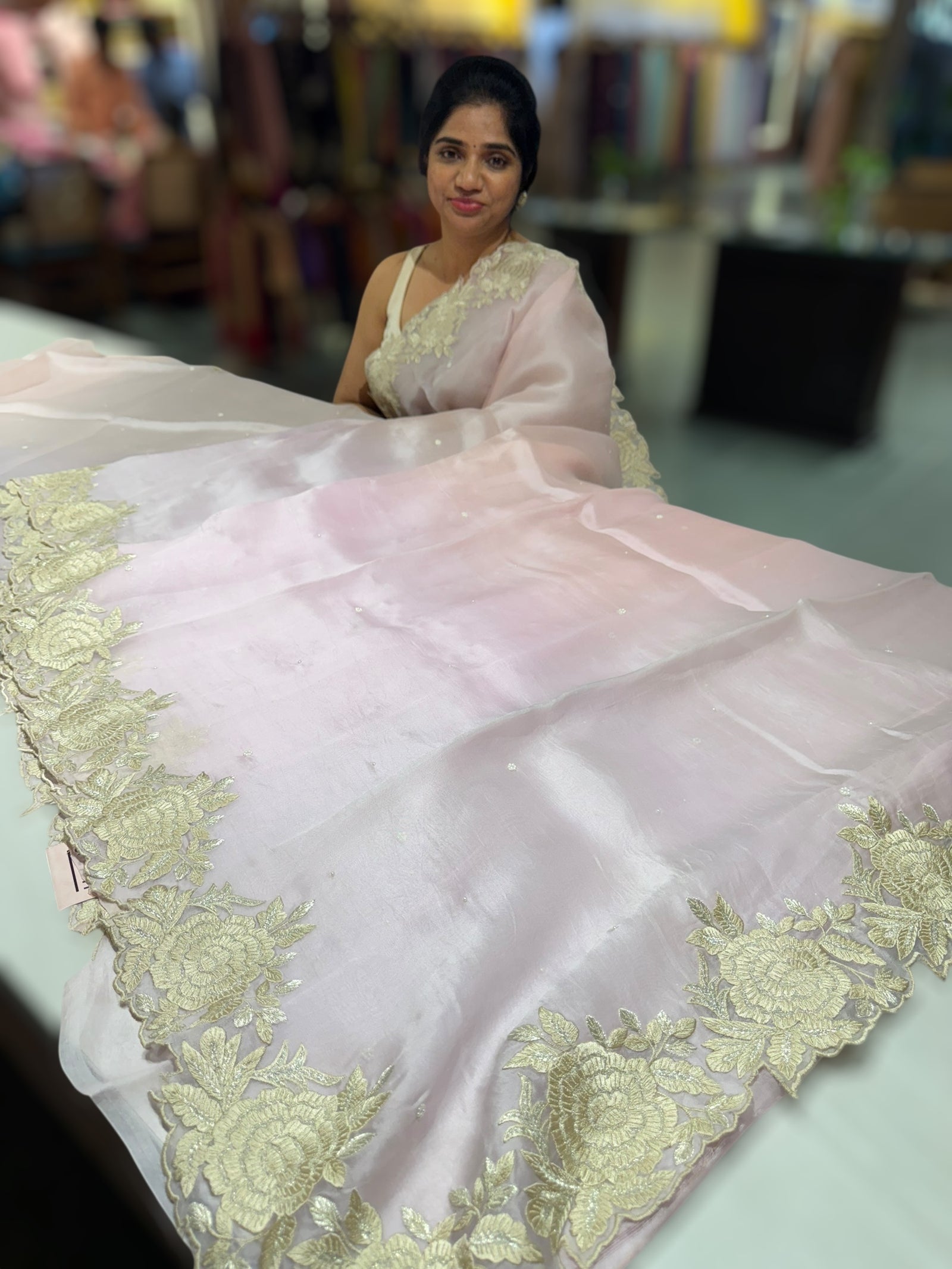 Ombre dyed Pure Organza Saree with parsi gara embroidery