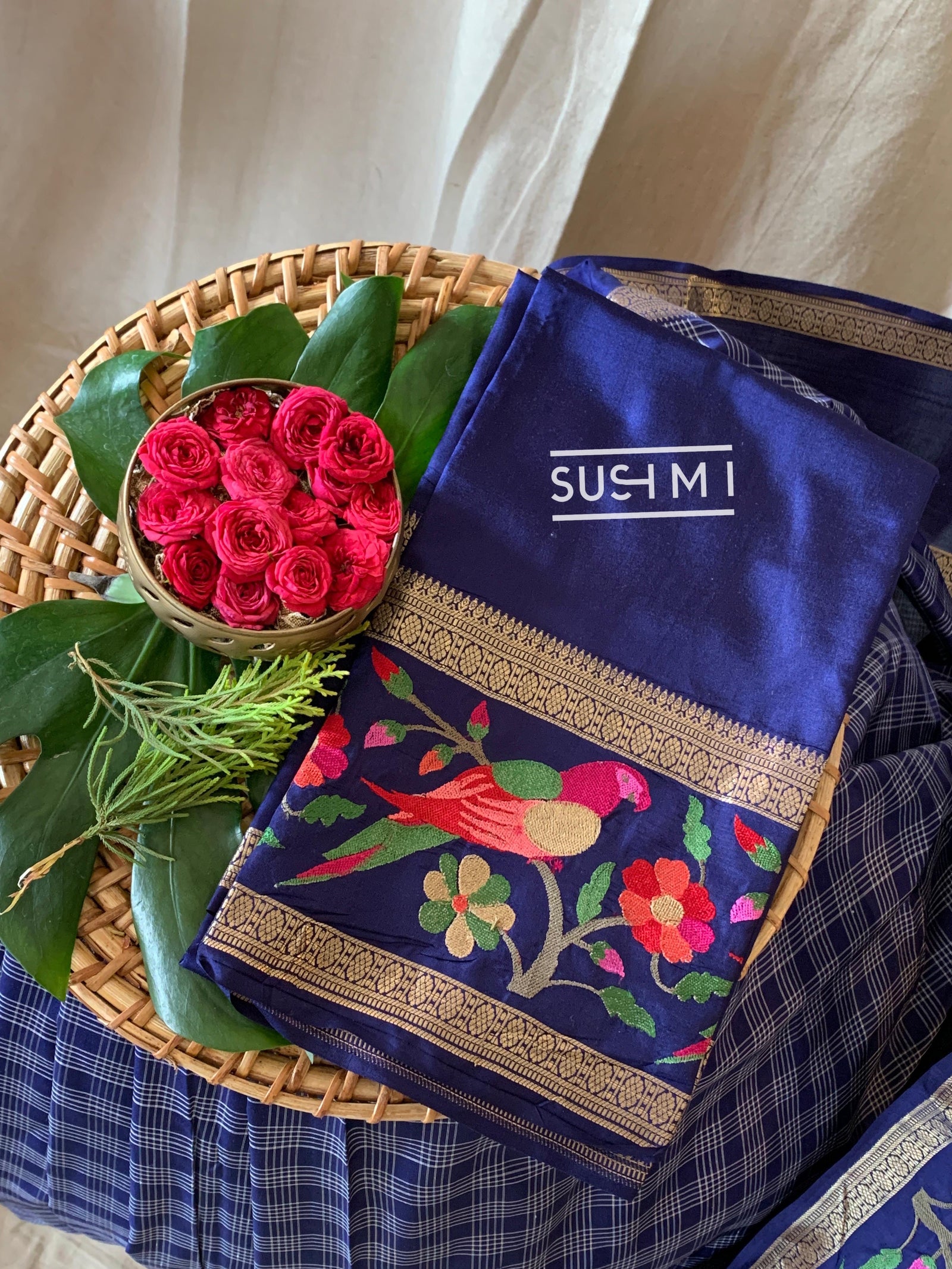 Midnight Blue Vintage checks Kanjeevaram soft silk saree with embroidery D62F040