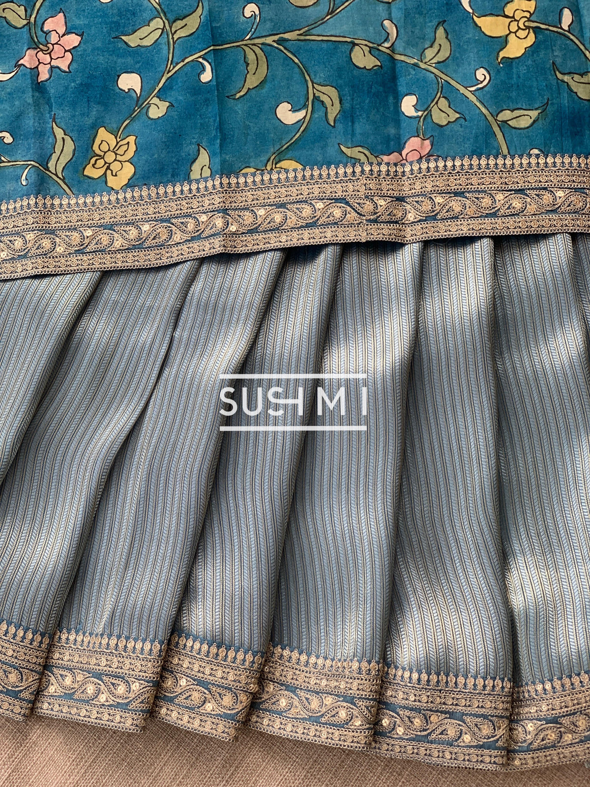 Dusty Blue  Banarasi tonchoi with pen kalamkari Blouse : D62F026