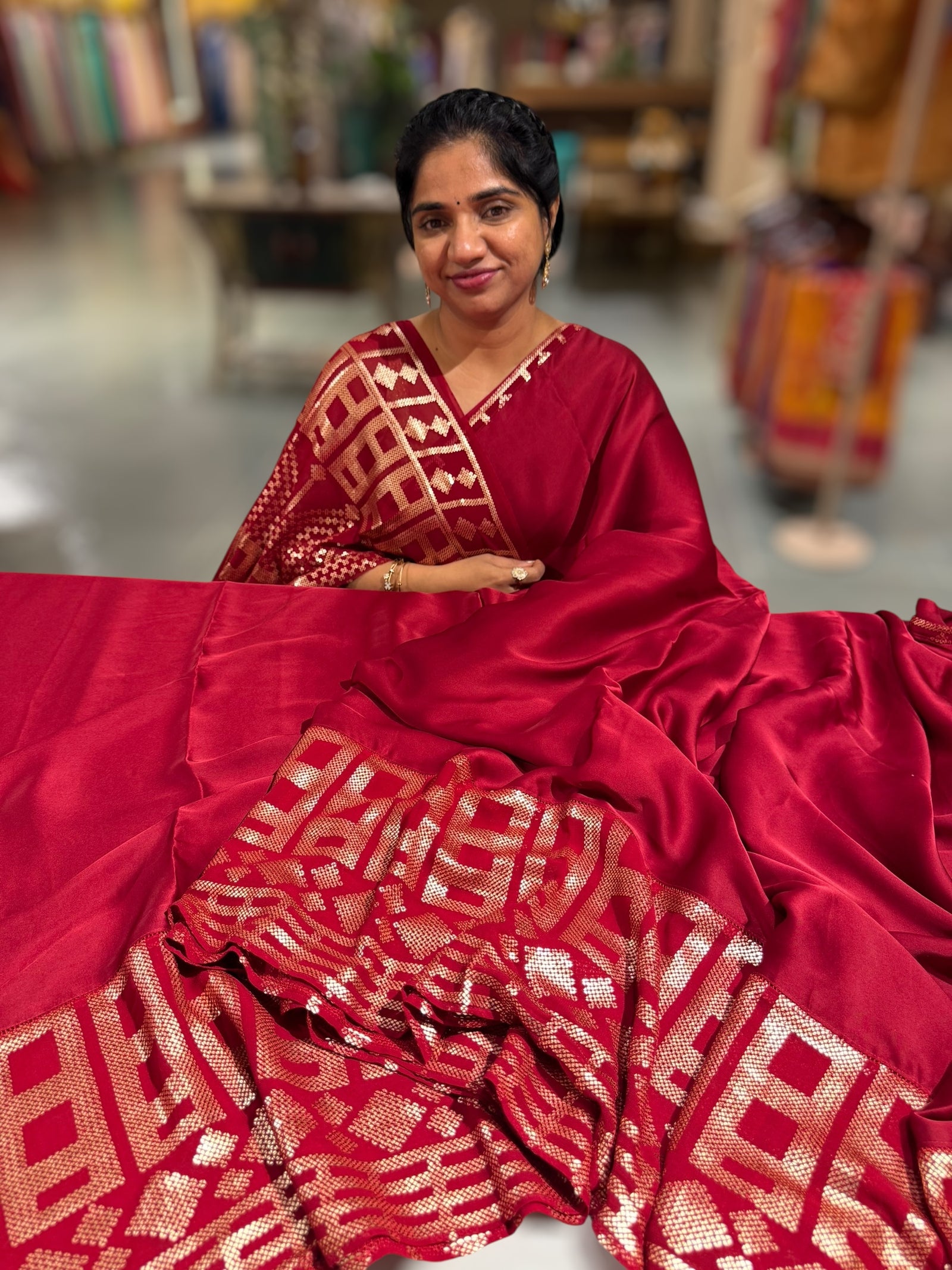 Meroonish Red pure Satin Saree with designer sequence border and blouse